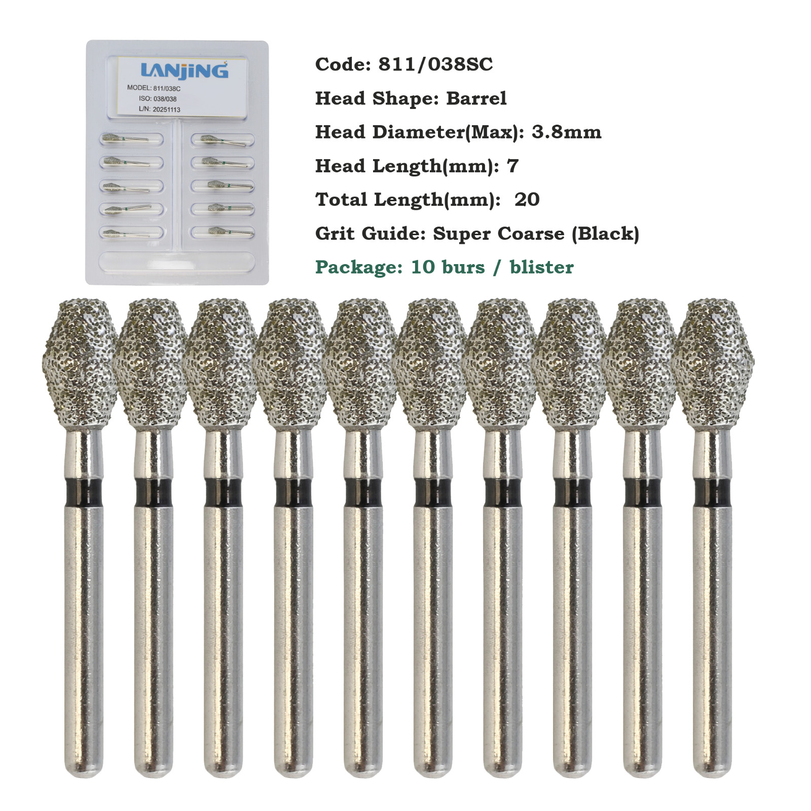 Dental Diamond Burs Barrel Shape 811/038SC 032SC Super Coarse Grit FG High Speed