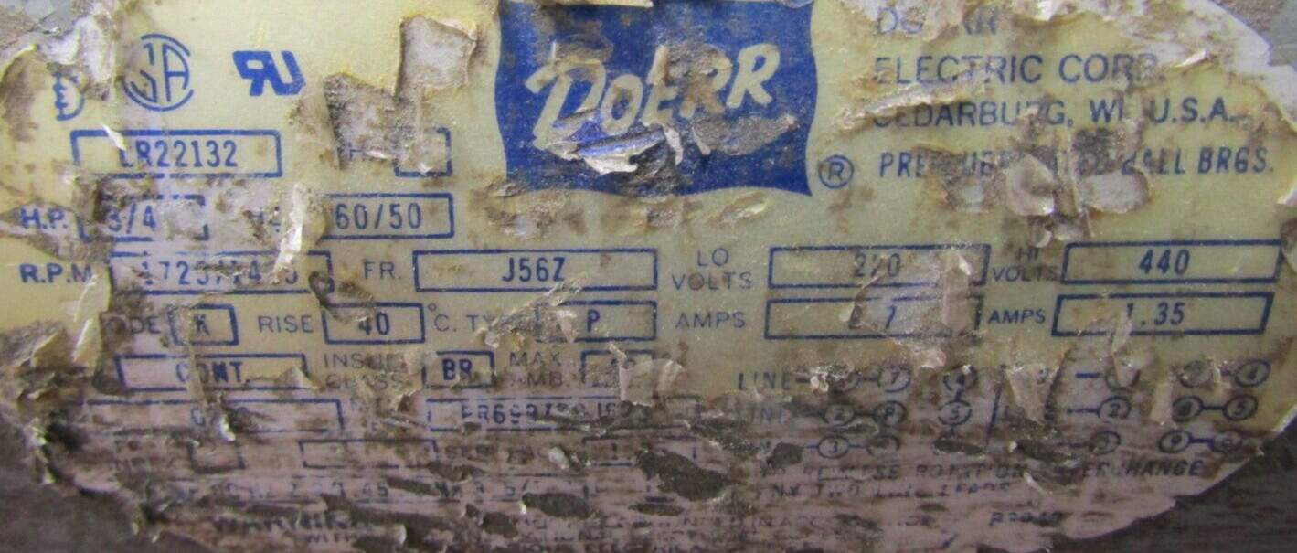😃 DOERR 3/4 HP VACUUM PUMP MOTOR 220/440 VAC 2.7/1.35A J56Z FRAME LR22132 -FLAW