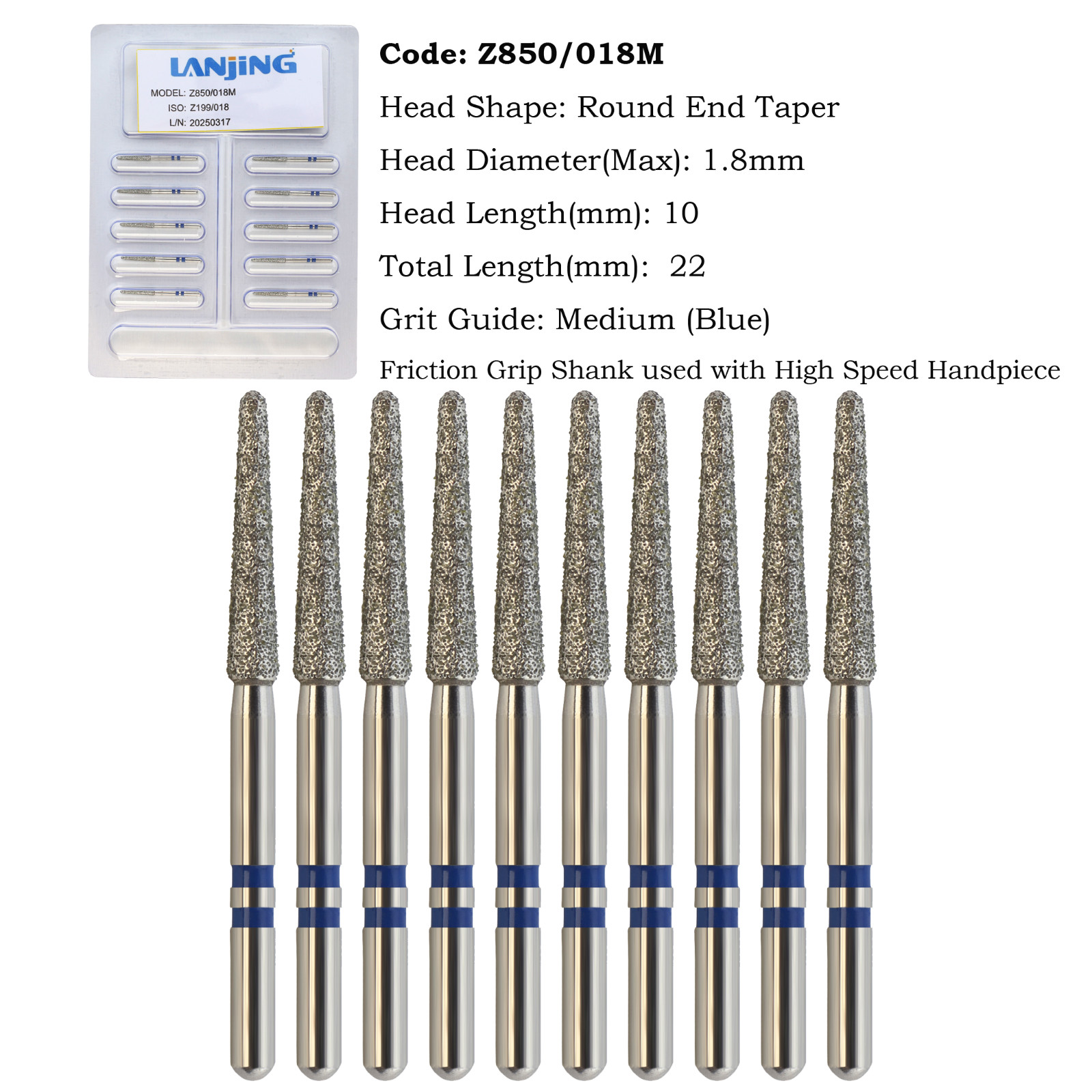 Zirconia Cutting Diamond Burs FG Round End Taper 850 856 Fine Standard Grit