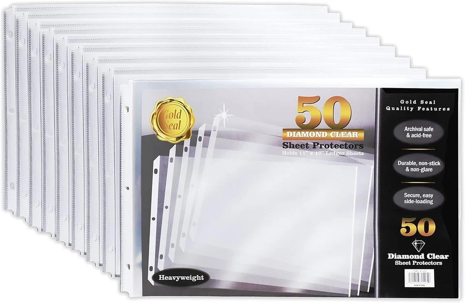 50 Pack 11X17 Inch Heavyweight Clear Sheet Protectors, Side Loading, 3-Hole Punc