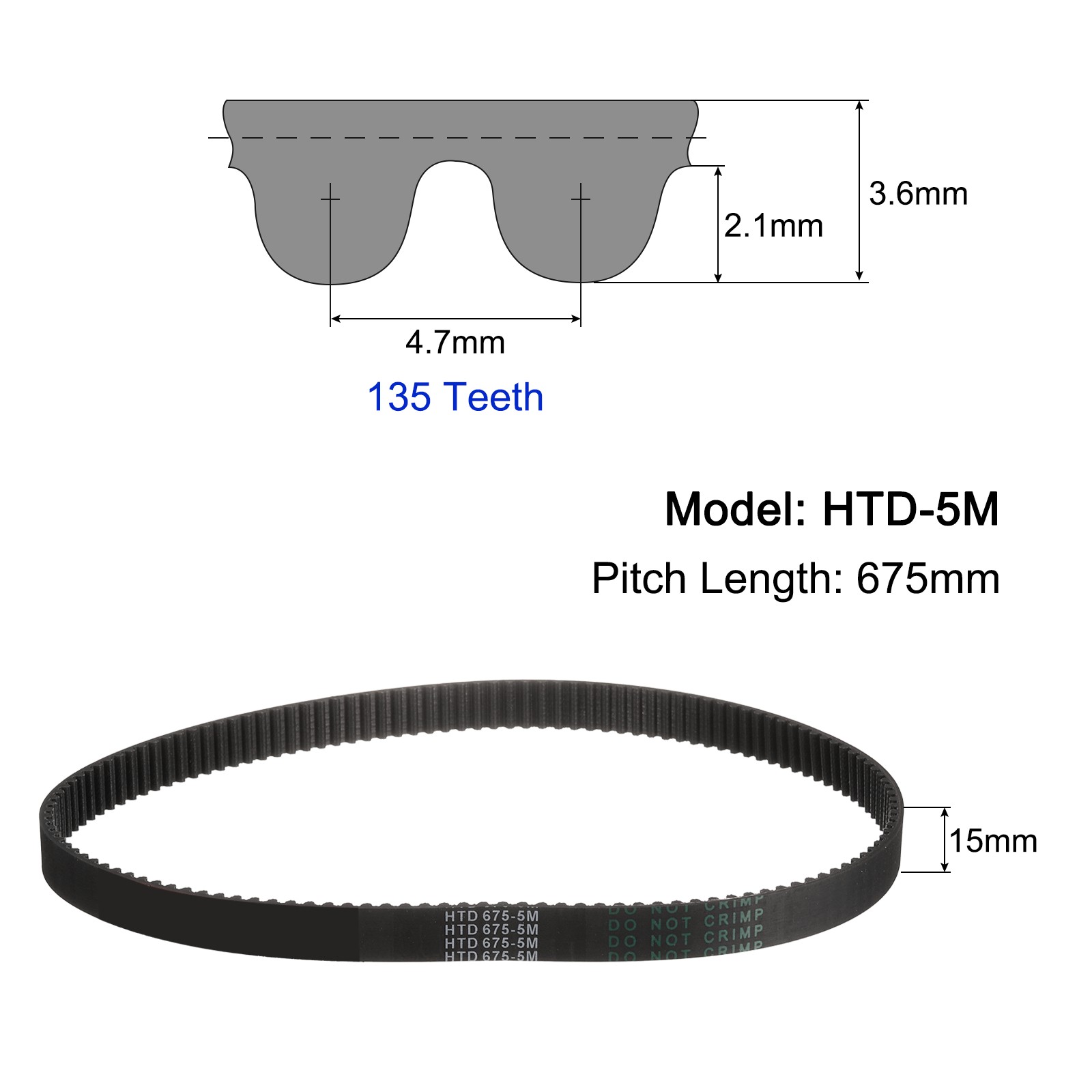 HTD-5M Rubber Timing Belt 135 Teeth 675mm Pitch x 15mm x 3.6mm Timing Belt