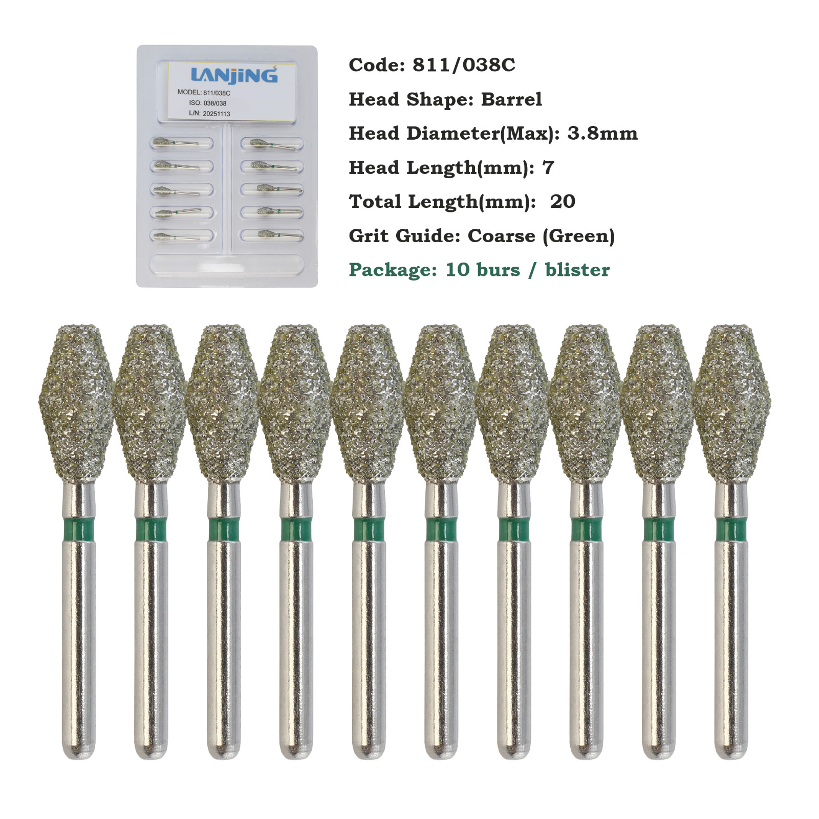 Dental Diamond Burs Barrel Shape 811/038SC 032SC Super Coarse Grit FG High Speed