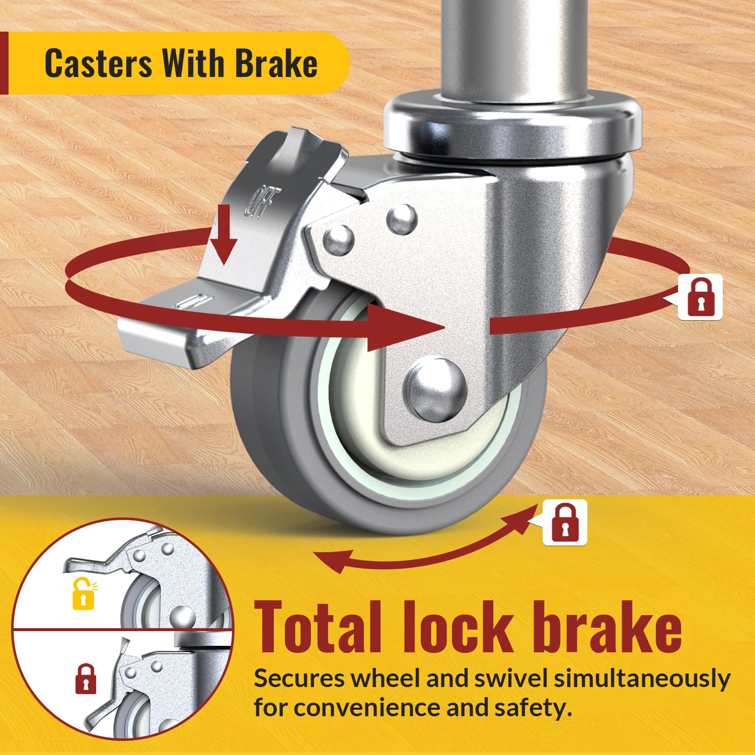 Caster Wheels Locking 3 Inch Expanding Stem Casters, Threaded Swivel Casters Set