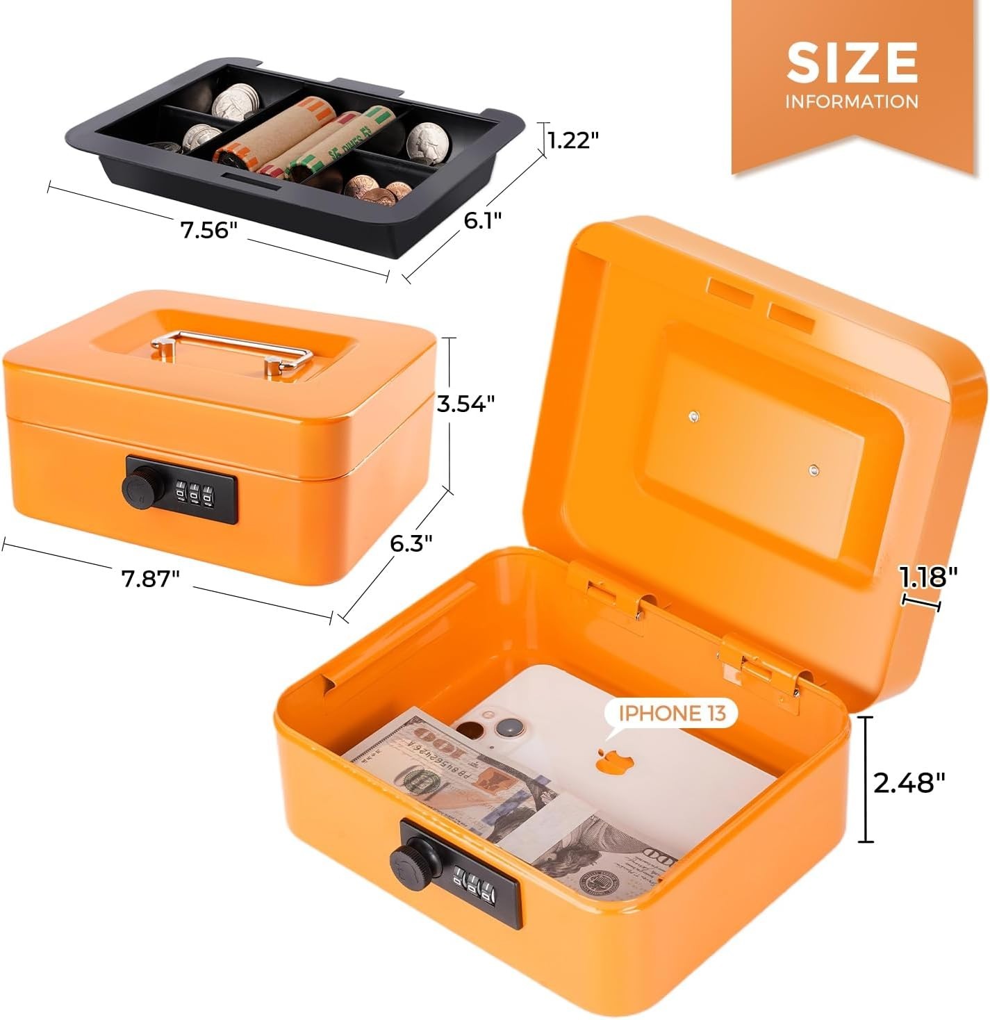 Cash Box with Money Tray and Combination Lock Metal Money Box Change Lock Box…