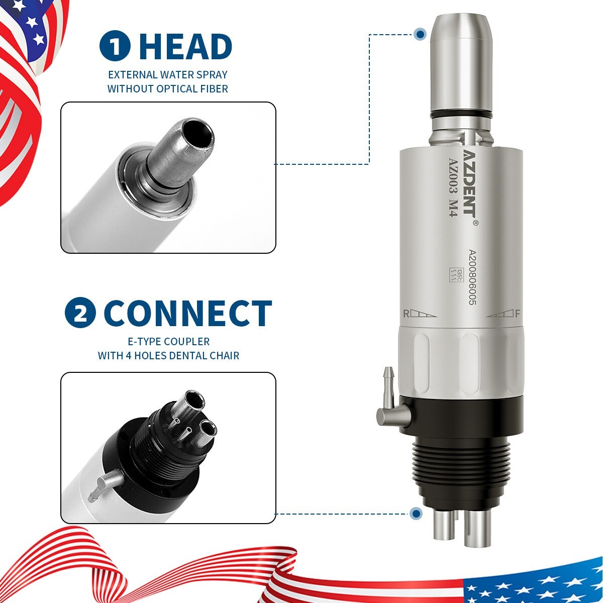AZDENT Dental Handpiece Slow Low Speed Contra Angle Straight Air Motor 2/4Hole