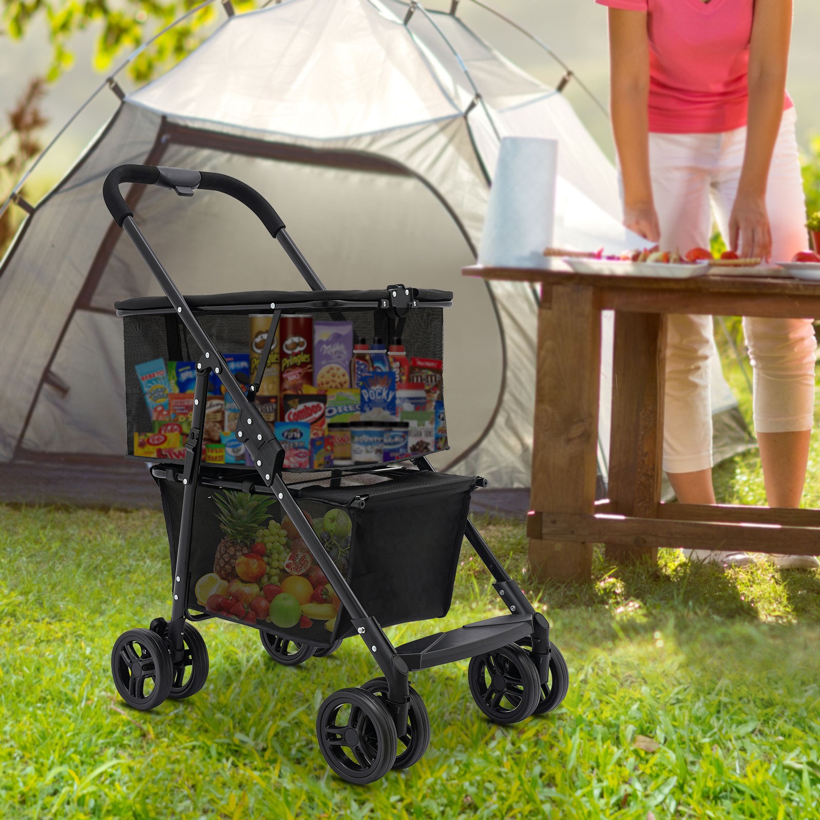 Oxford Cloth Foldable Shopping Cart 50kg Capacity Detachable Mesh Bag Black