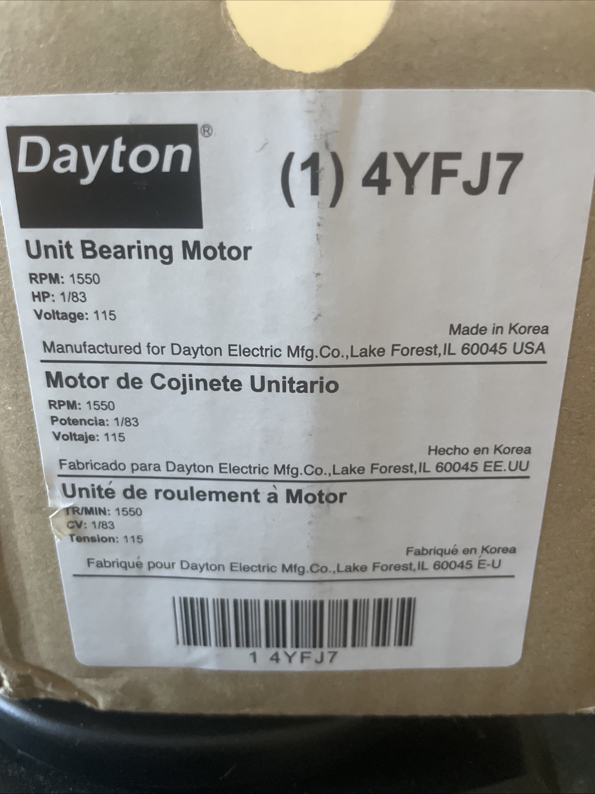 DAYTON, 4YFJ7 Unit Bearing Motor:, 9 W Output, 1,550 Nameplate RPM