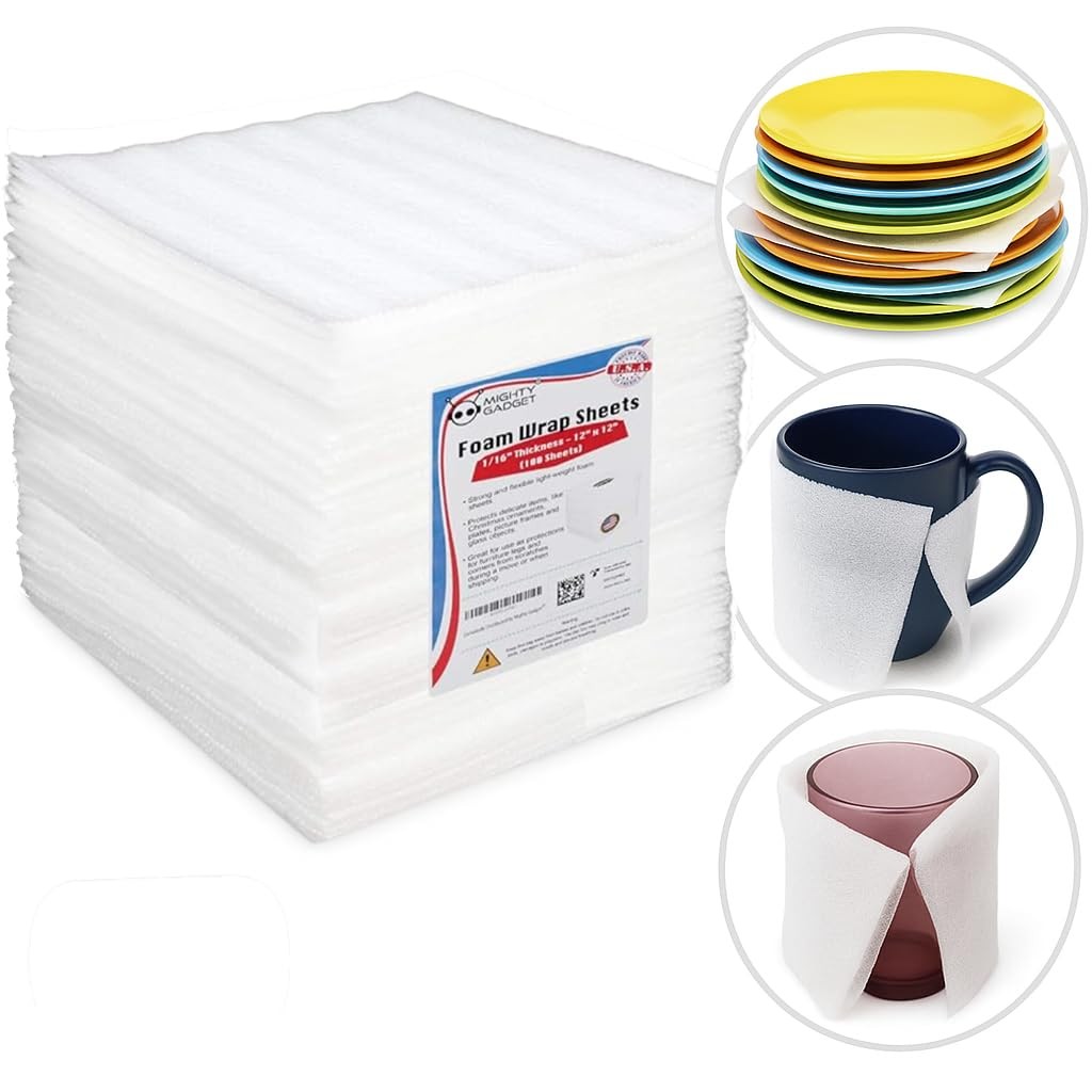 Mighty Gadget 100-Pack Foam Packing Sheets, 12″ x (1/16″ Thick) White