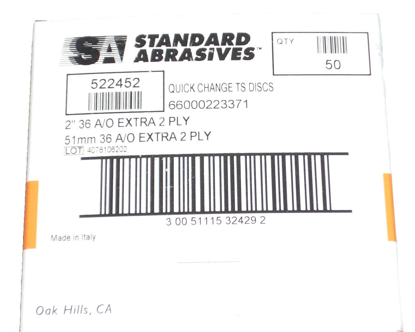 50 Standard Abrasives 2″ Quick Change Sanding Discs Type S 36 Grit A/O 2-Ply