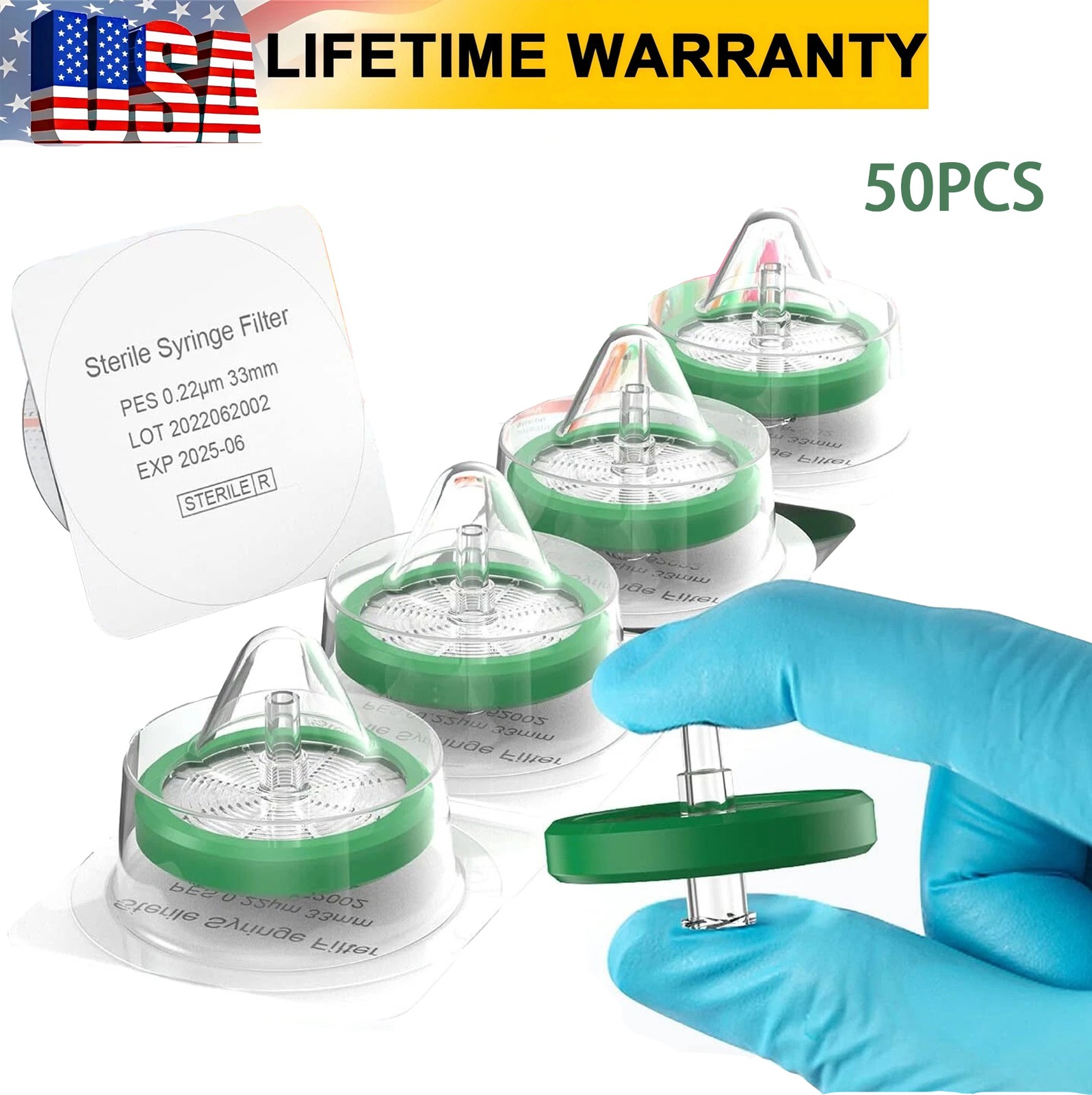 Sterile Syringe Filter PES Membrane Hydrophilic Filter 33mm 0.22 Micron 50 Pack