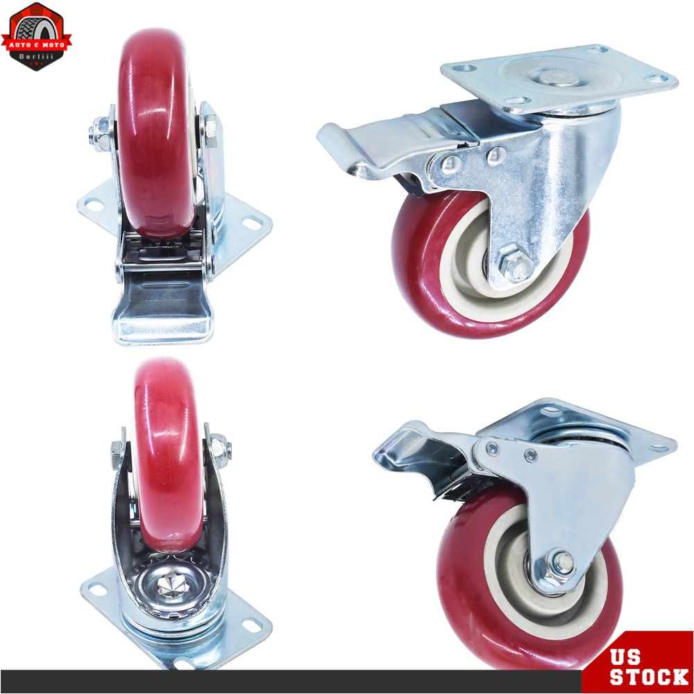 4 × Heavy Duty Caster Set 4″ Wheels All Swivel All Brake Casters Non Skid