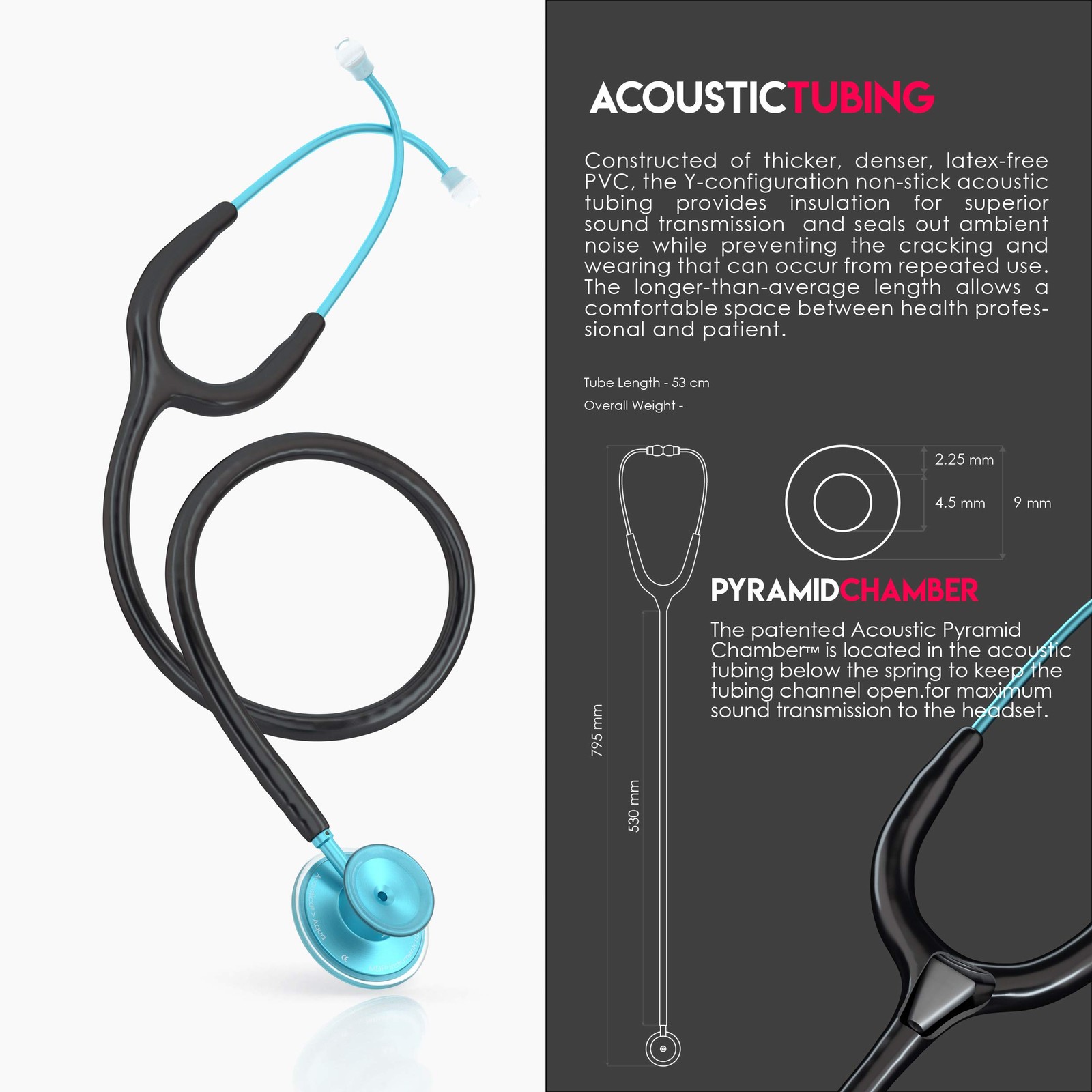 MDF Instruments, Acoustica Lightweight Stethoscope 7 Piece Set, Aqu a – Black