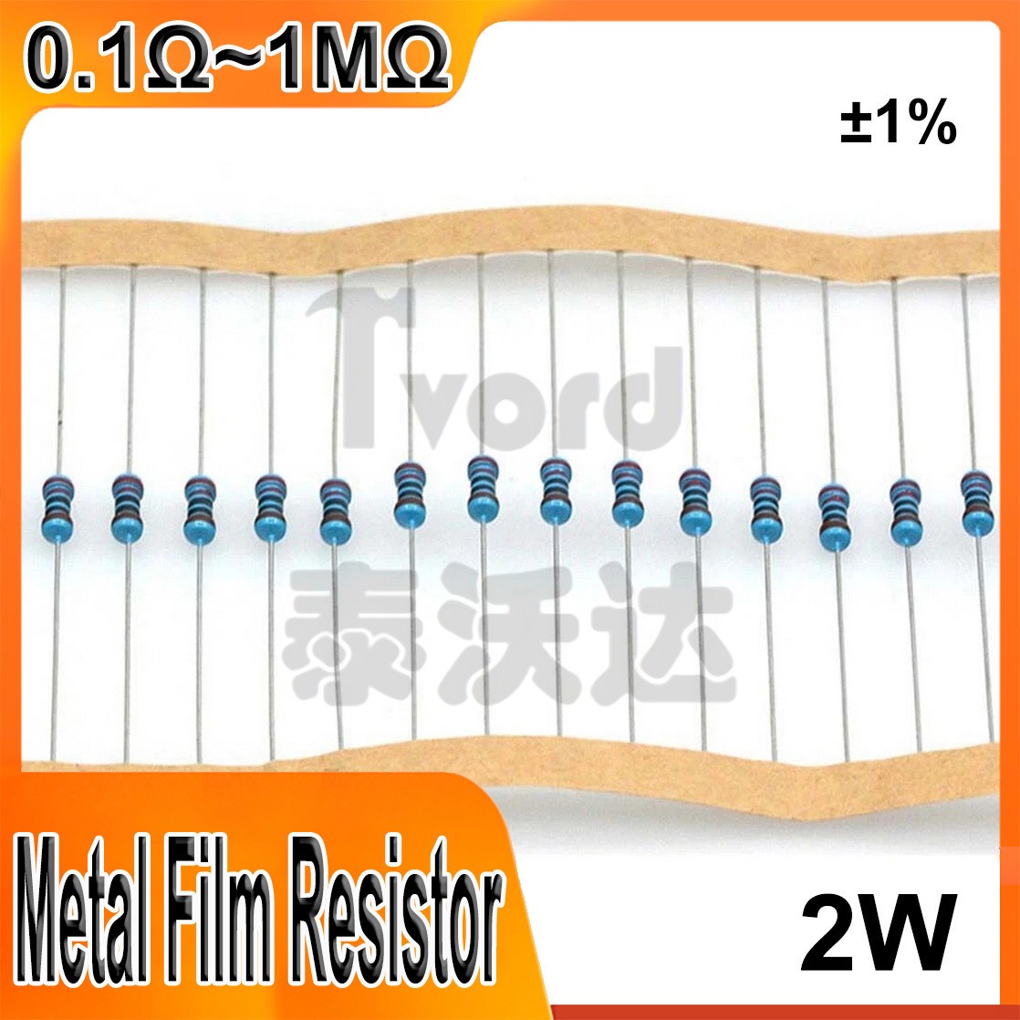 10Pcs 2W Metal Film Resistors ±1% Range of Value 0.1Ω to 1MΩ Various Values