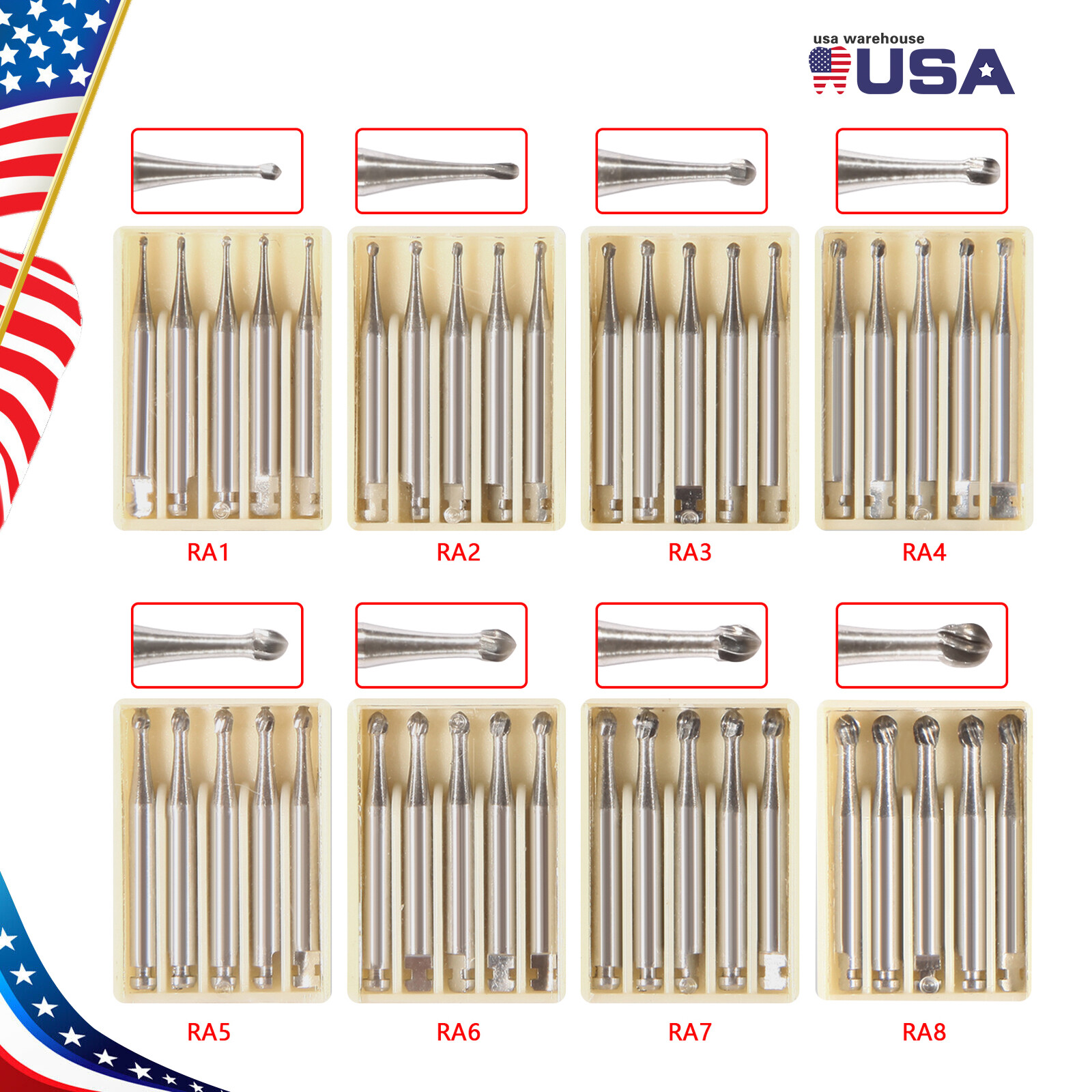 Dental Tungsten Carbide Steel Bur Round for Low Speed Angle Handpiece RA 1-8 po