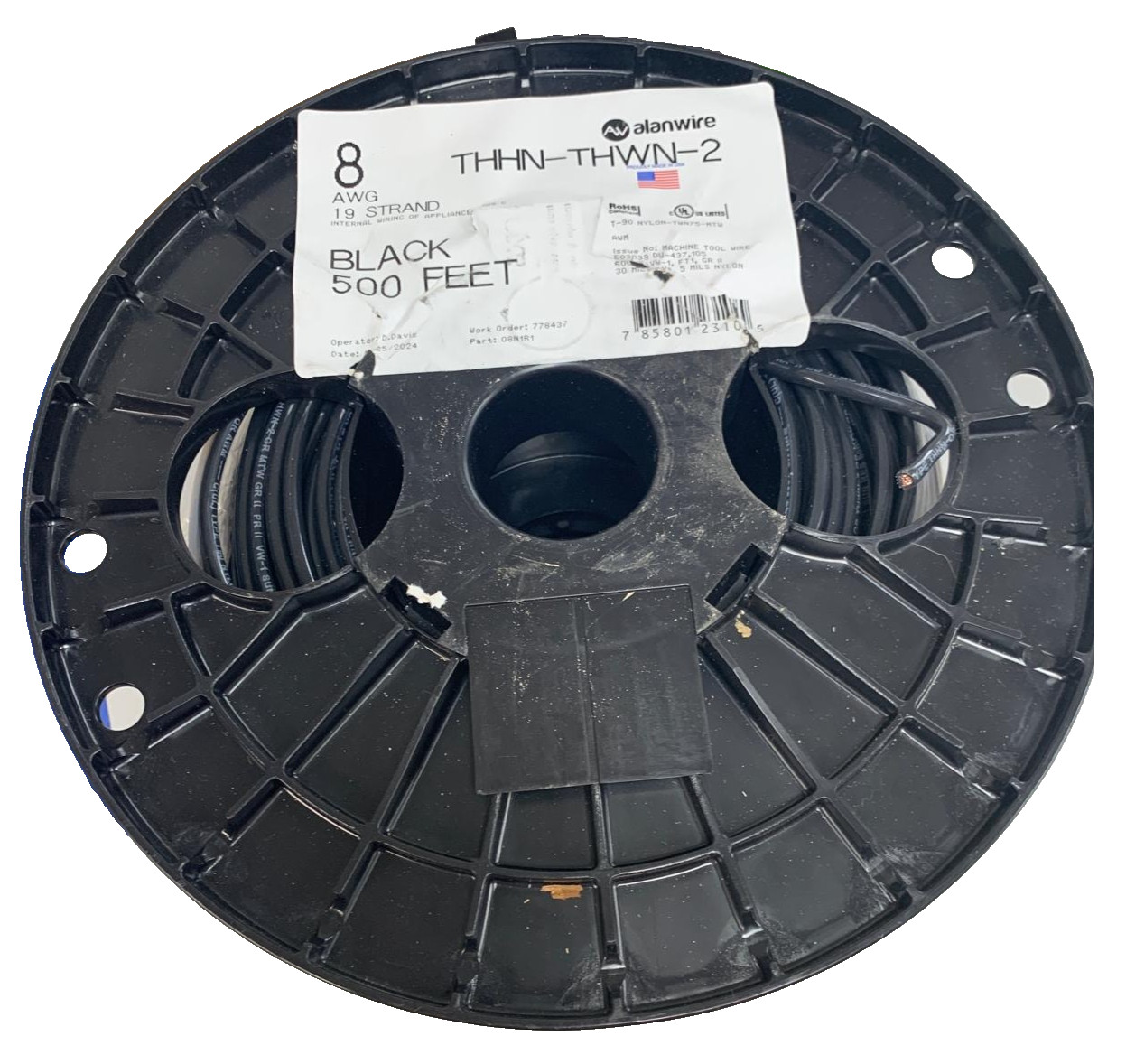 New 500’ 8 AWG THHN THWN Black RoHS Stranded 600V Copper Wire Spool
