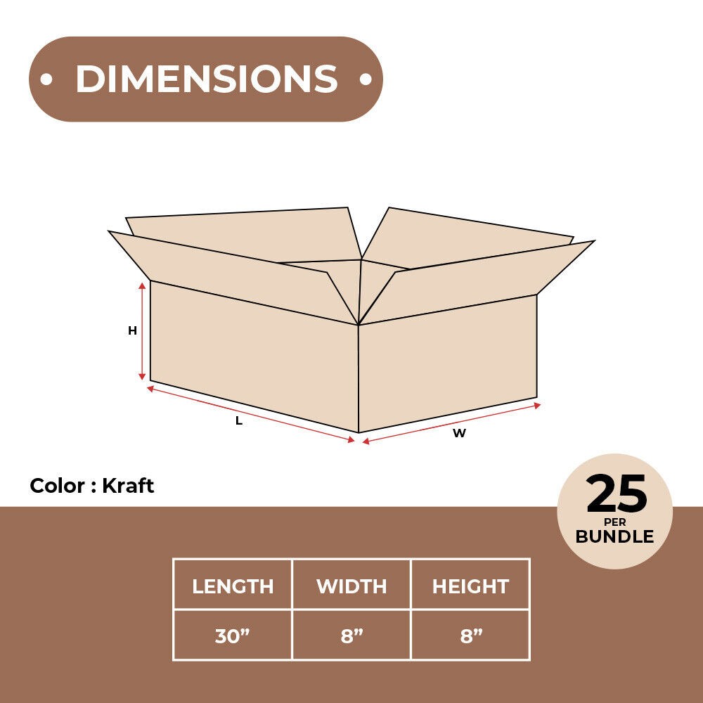 30 x 8 x 8″ – Long Corrugated Boxes – ECT-32, 25/Bundle