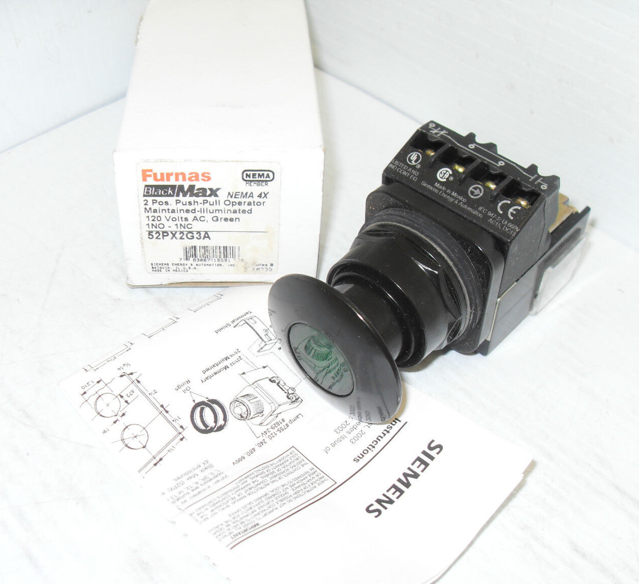 ⭐NEW IN BOX⭐ FURNAS 52PX2G3A GREEN ILLUMINATED 2-POS.PUSH PULL BUTTON MAINTAINED