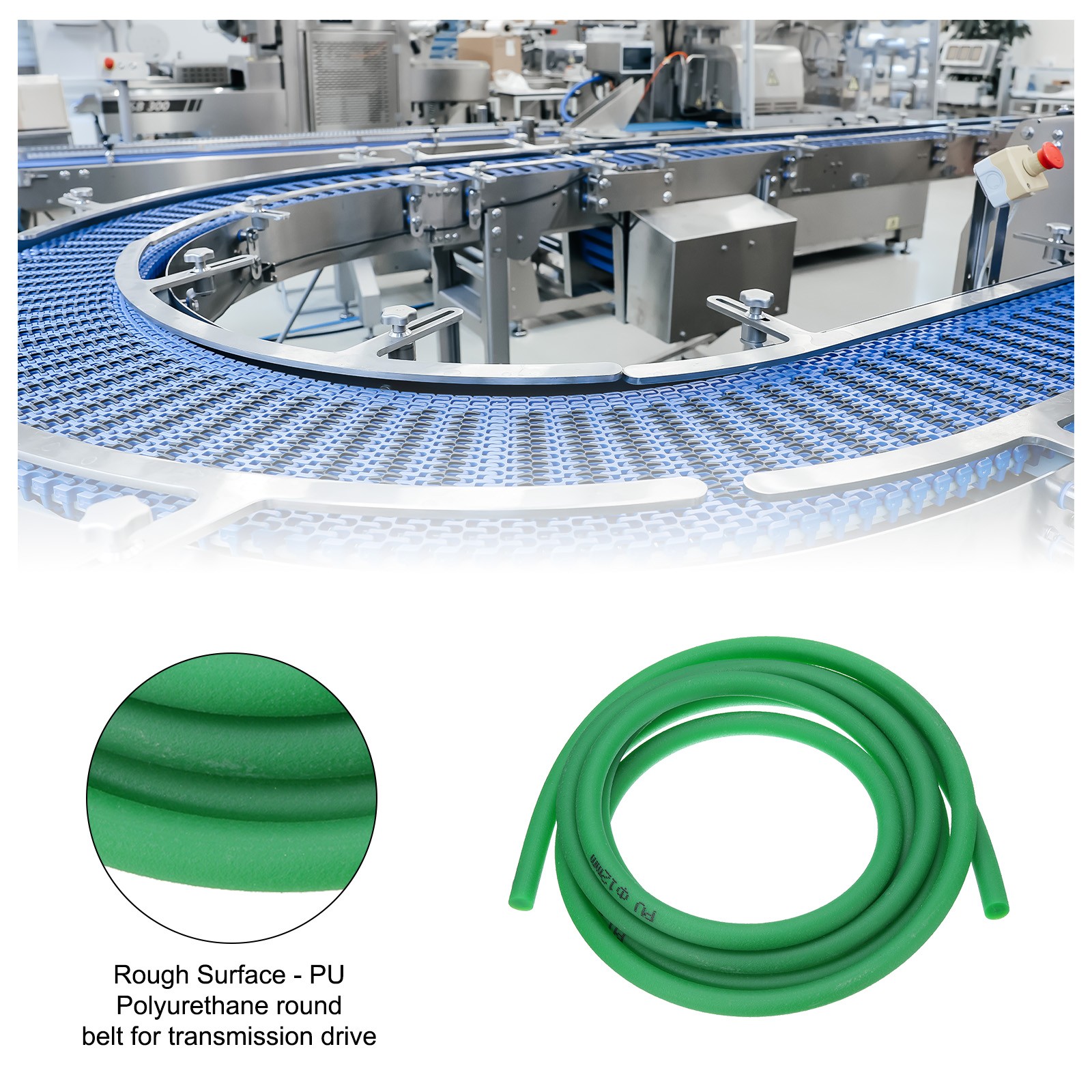Polyurethane Round Belts 12mm Dia, 3 Meters (10ft) Length (Rough Surface, Green)
