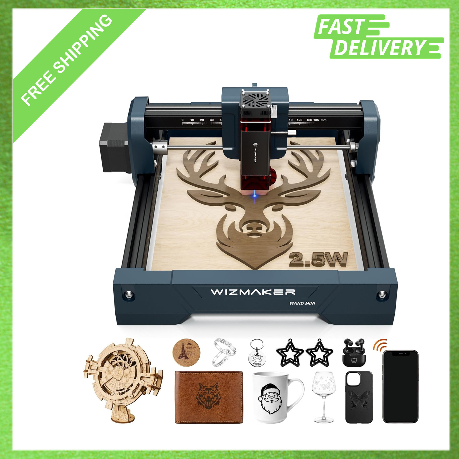 Mini Laser Engraver 2.5W, 0.04mm Spot, 12000mm Min Speed, Supports WiFi USB