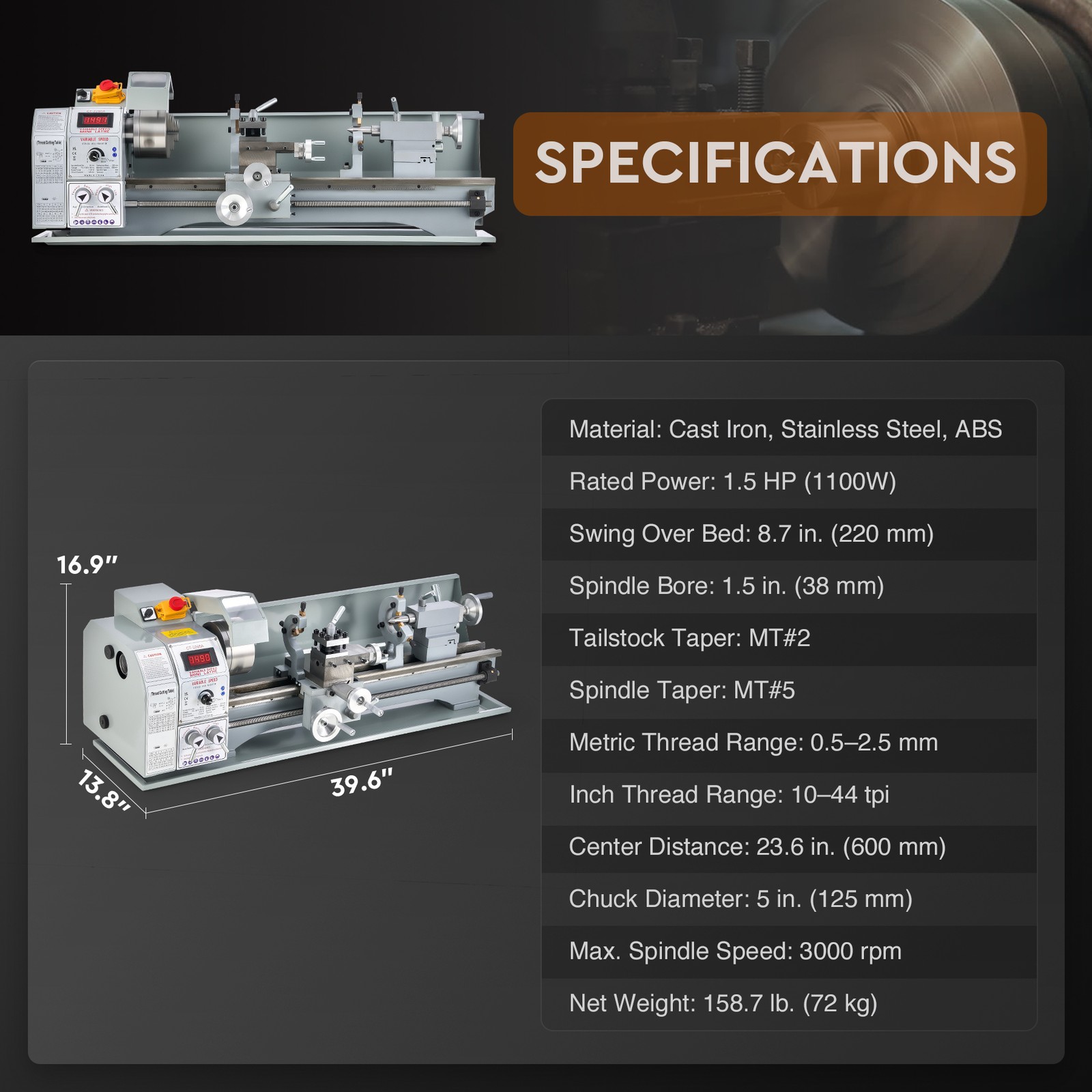 CREWORKS 9×24″ Mini Metal Lathe 1100W Brushless Motor 3000rpm Benchtop 3-Jaw