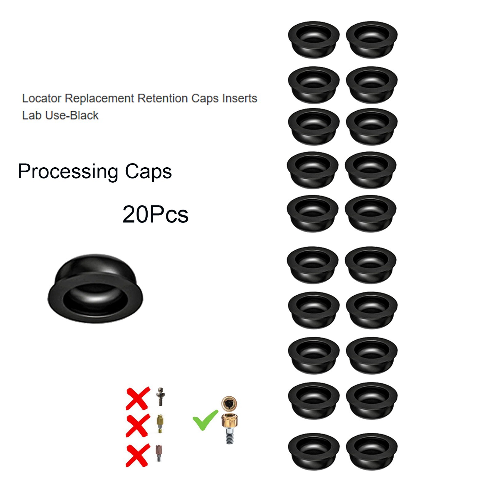 20Pcs Zest Locator Dental Lab Processing Retention Replacement Inserts Cap Black