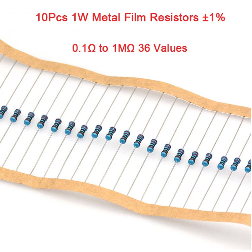 10Pcs 1W Metal Film Resistors ±1% Range of Value 0.1Ω to 1MΩ Various Values