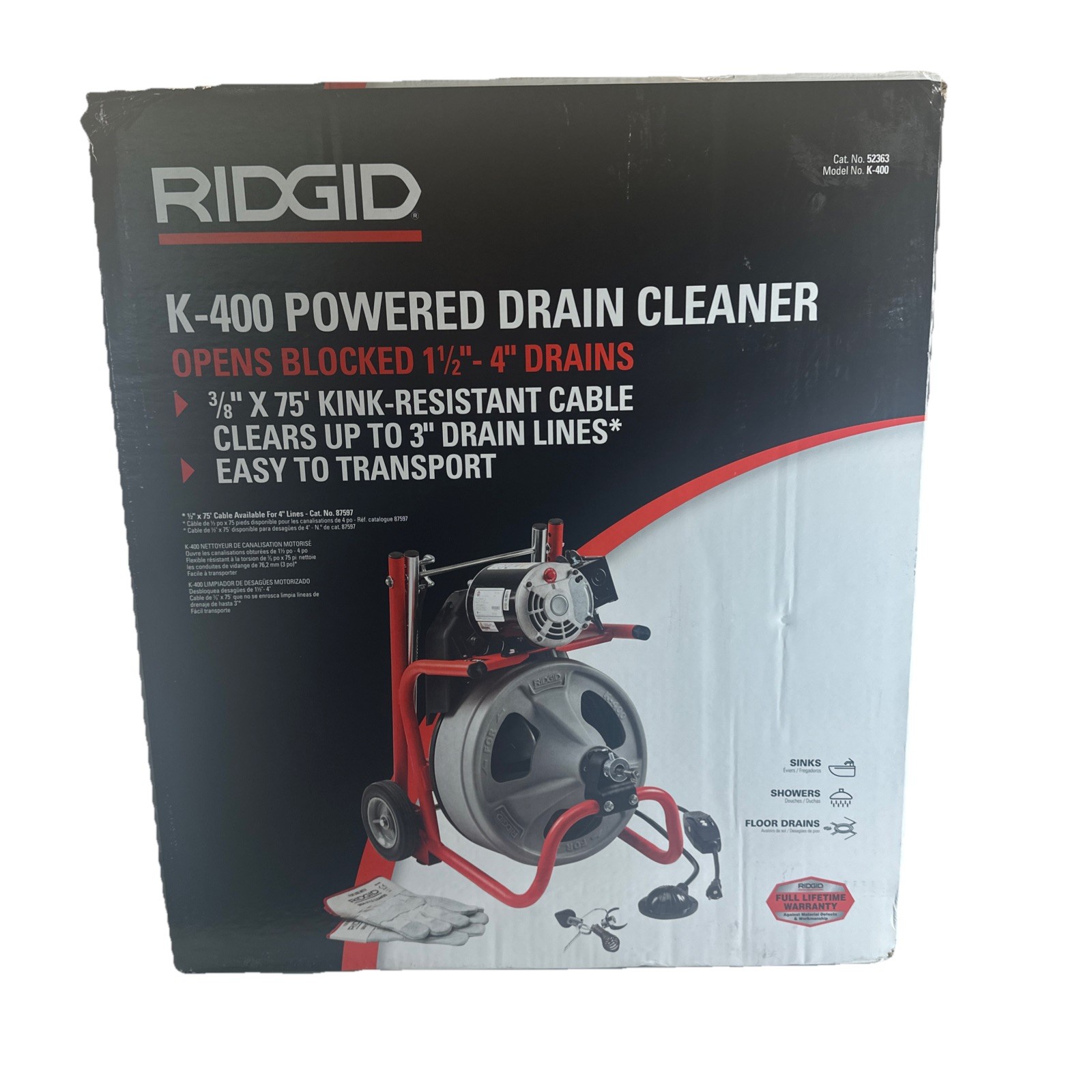 RIDGID 52363 K-400 115V Drum Machine 3/8 in. x 75 ft. Cable + 4-Piece Tool Set