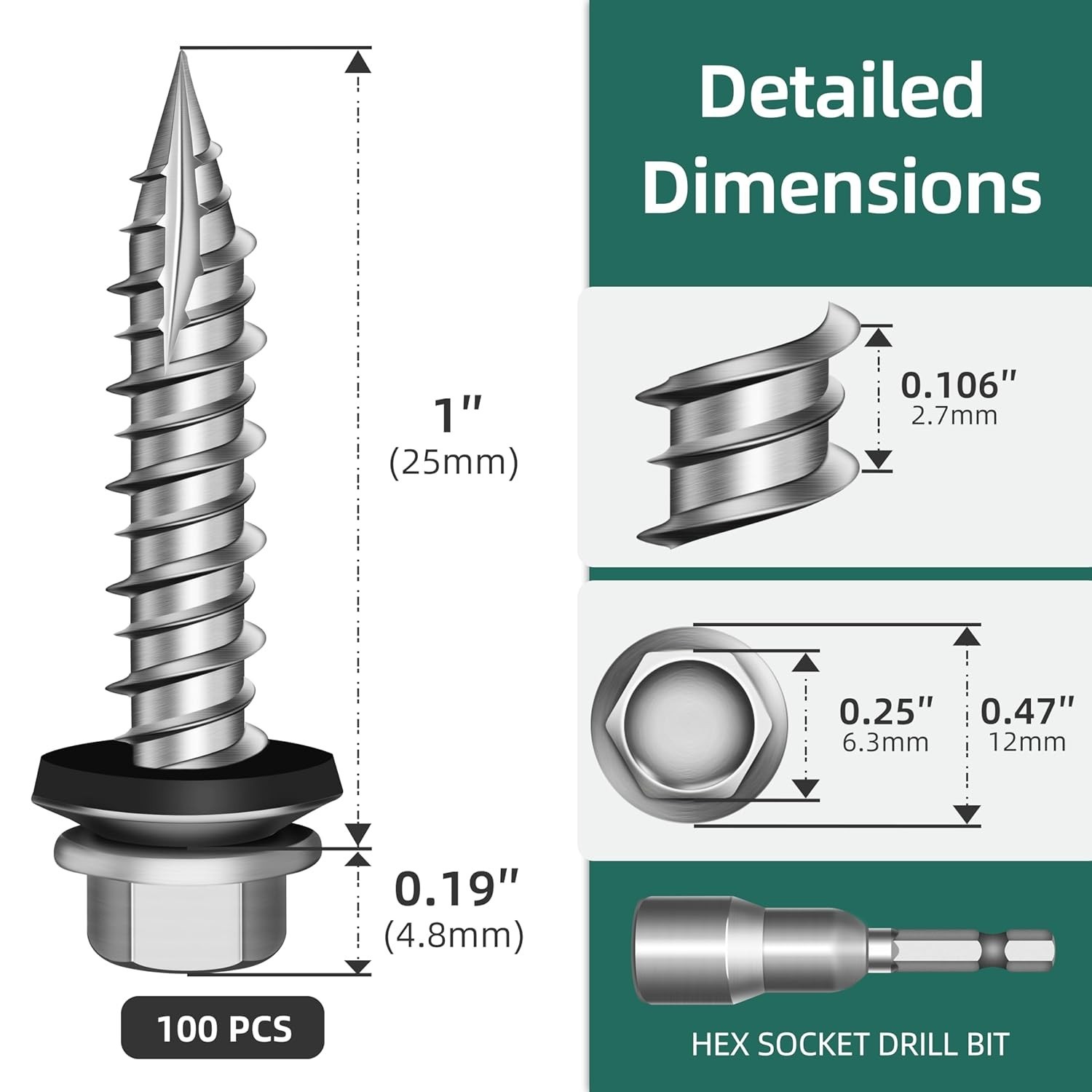100Pcs x 1 Inch Hex Head Metal Roofing Screws, Hex Head Metal Roof Screws wit…