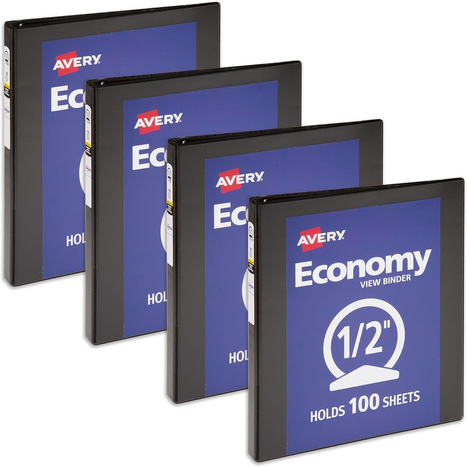Economy View 3 Ring Binder, 1/2 Inch round Rings, 4 Black Binders (05705)