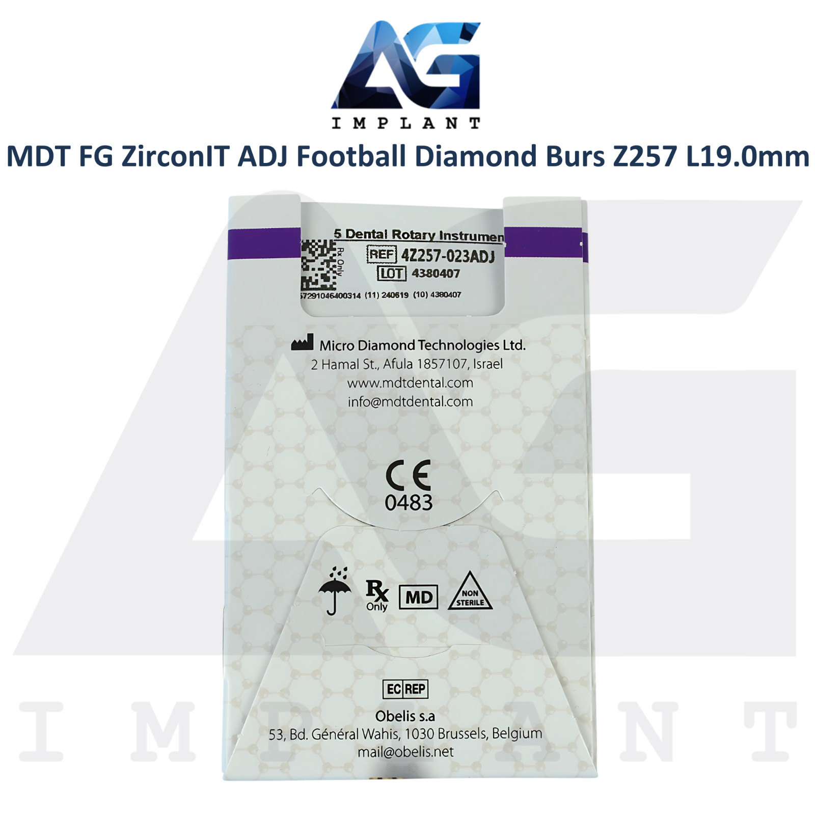 MDT Dental FG ZirconIT ADJ Football Diamond Coated Bur Z257 L19.0mm Ø2.3mmX5.0mm