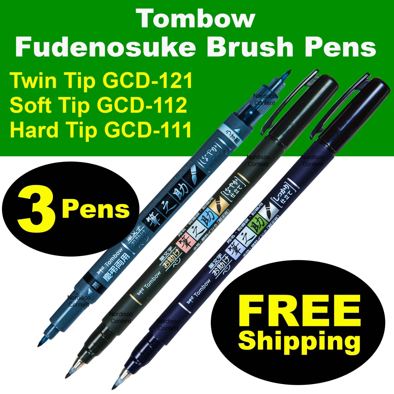 3 Tombow Fudenosuke Pens, Twin Tip GCD121, Hard Tip GCD111 & Soft Tip GCD112