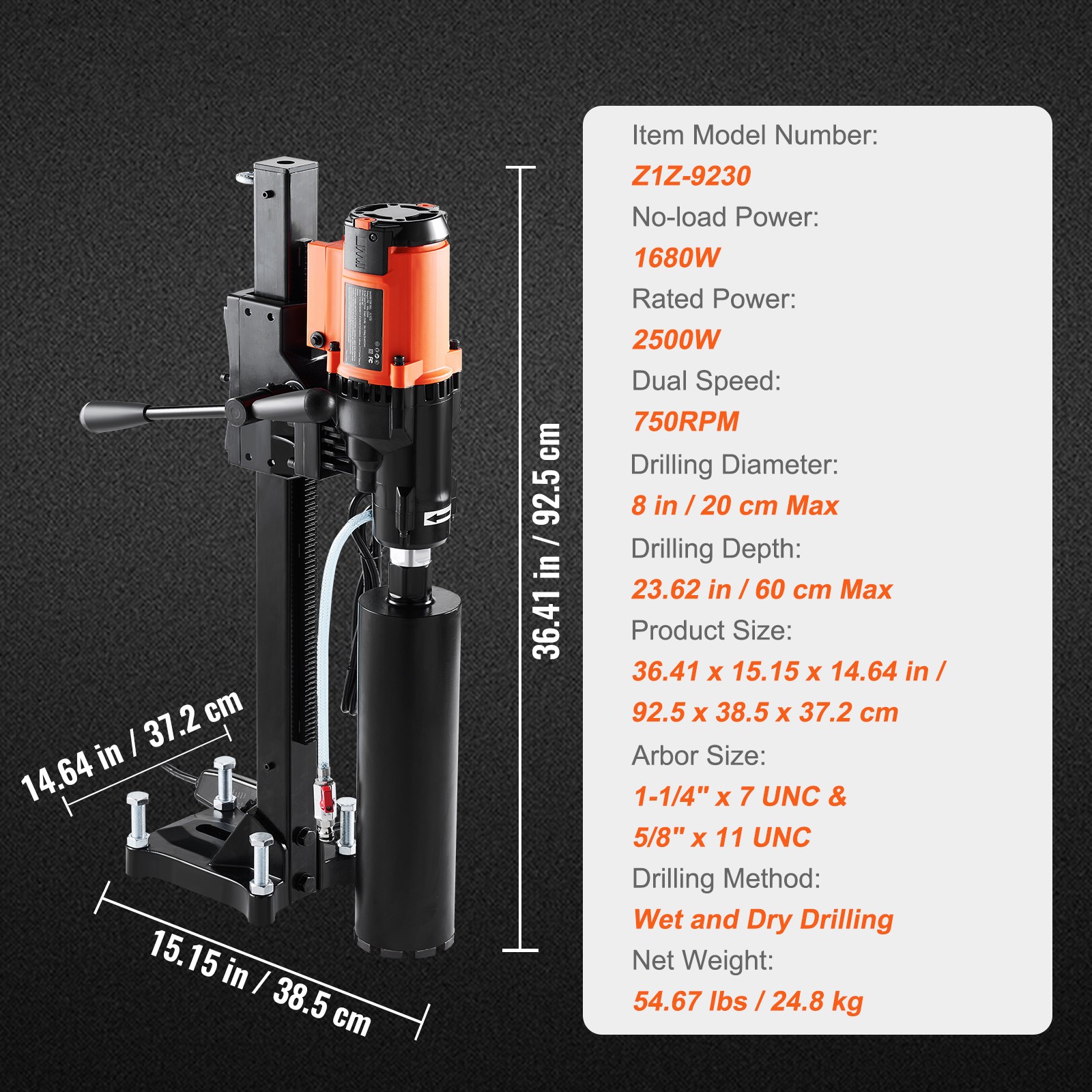 Uimoso Wet&Dry Diamond Core Drill Machine Concrete Core Drill Rig 2500W 750RPM