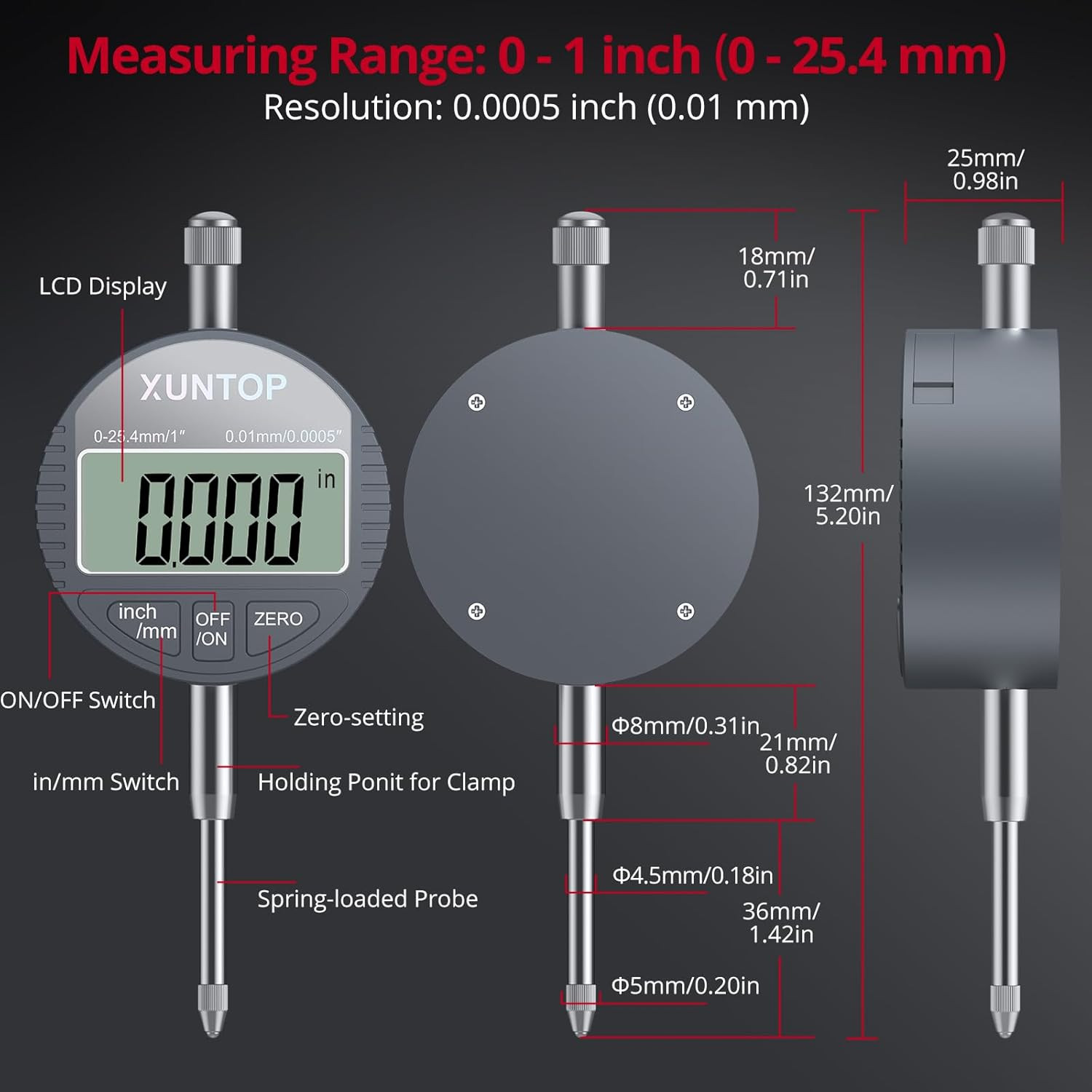 Digital Dial Indicator 1Inch/0.0005Inch LCD Display Electronic Dial Test Indicat