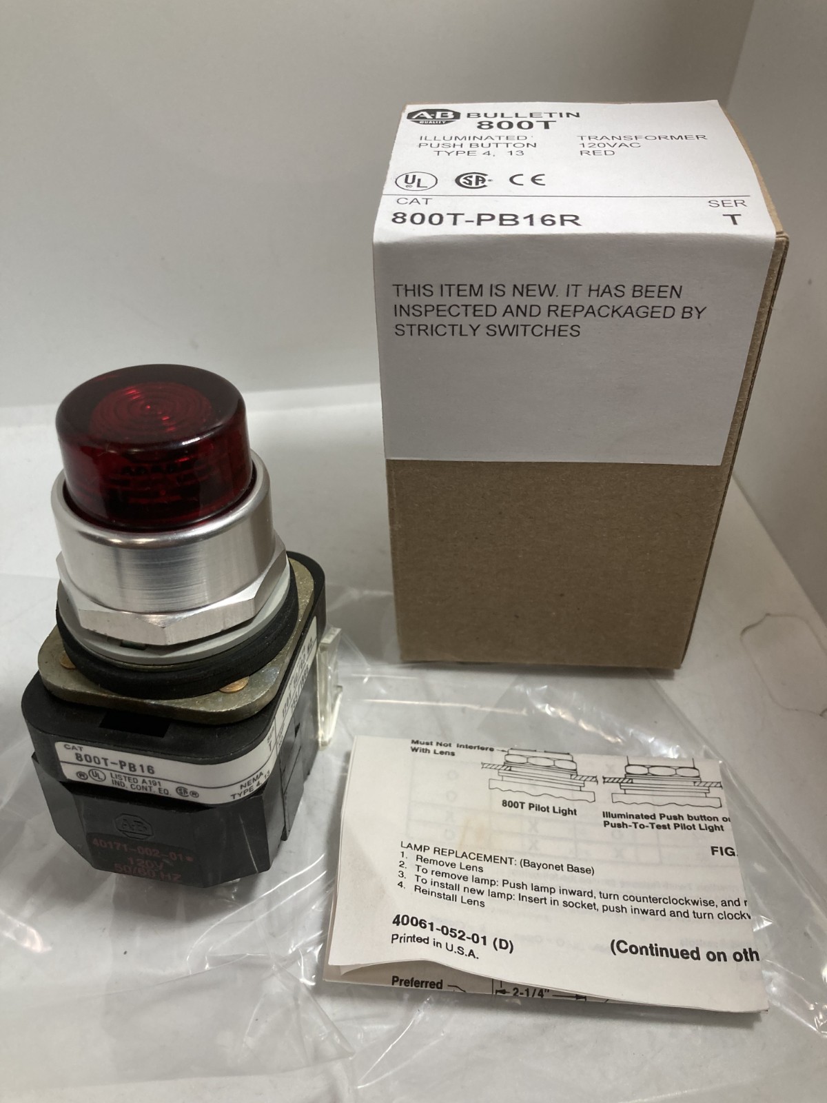 ALLEN BRADLEY 800T-PB16R PUSHBUTTON RED 1NO/1NC XFMR ILLUMINATED SER T NIB