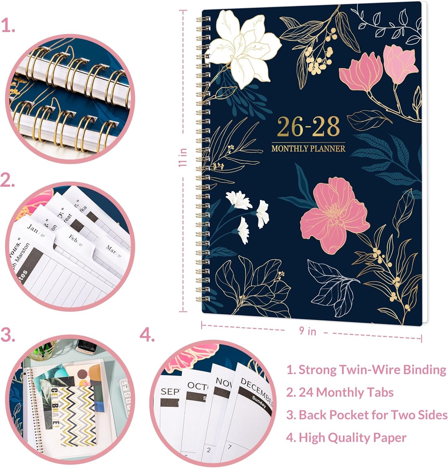 2026-2028 Elegant Desk Calendar 9″ x 11″ – Functional Monthly Planner with Tabs