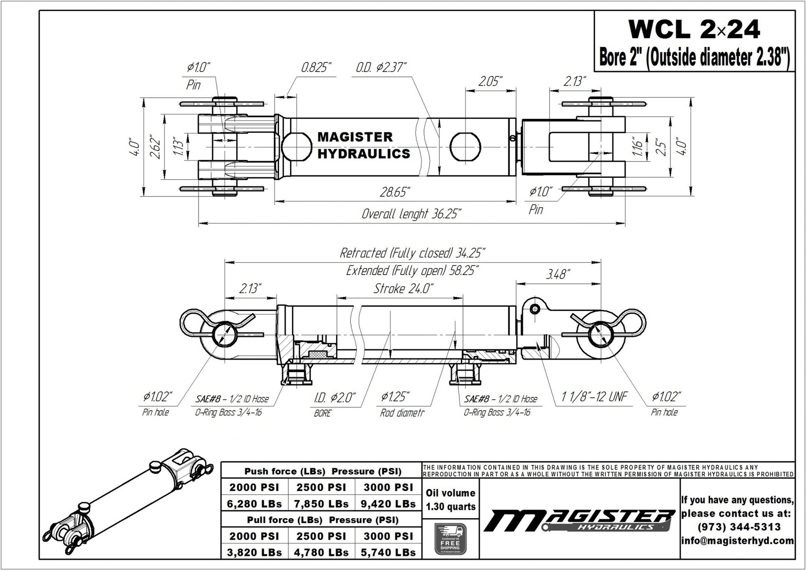 Hydraulic Cylinder Welded Double Acting 2″ Bore 24″ Stroke Clevis End 2×24 NEW