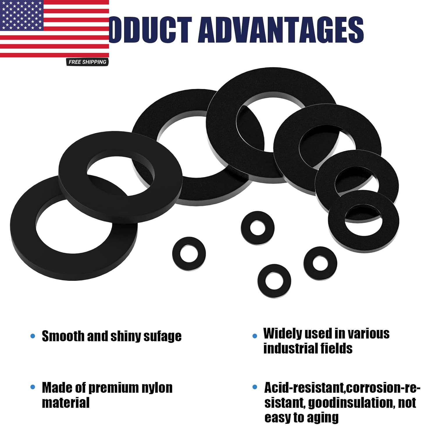 900-Piece Nylon Flat Washer Assortment Kit Black Plastic Flat Washers for Bolts