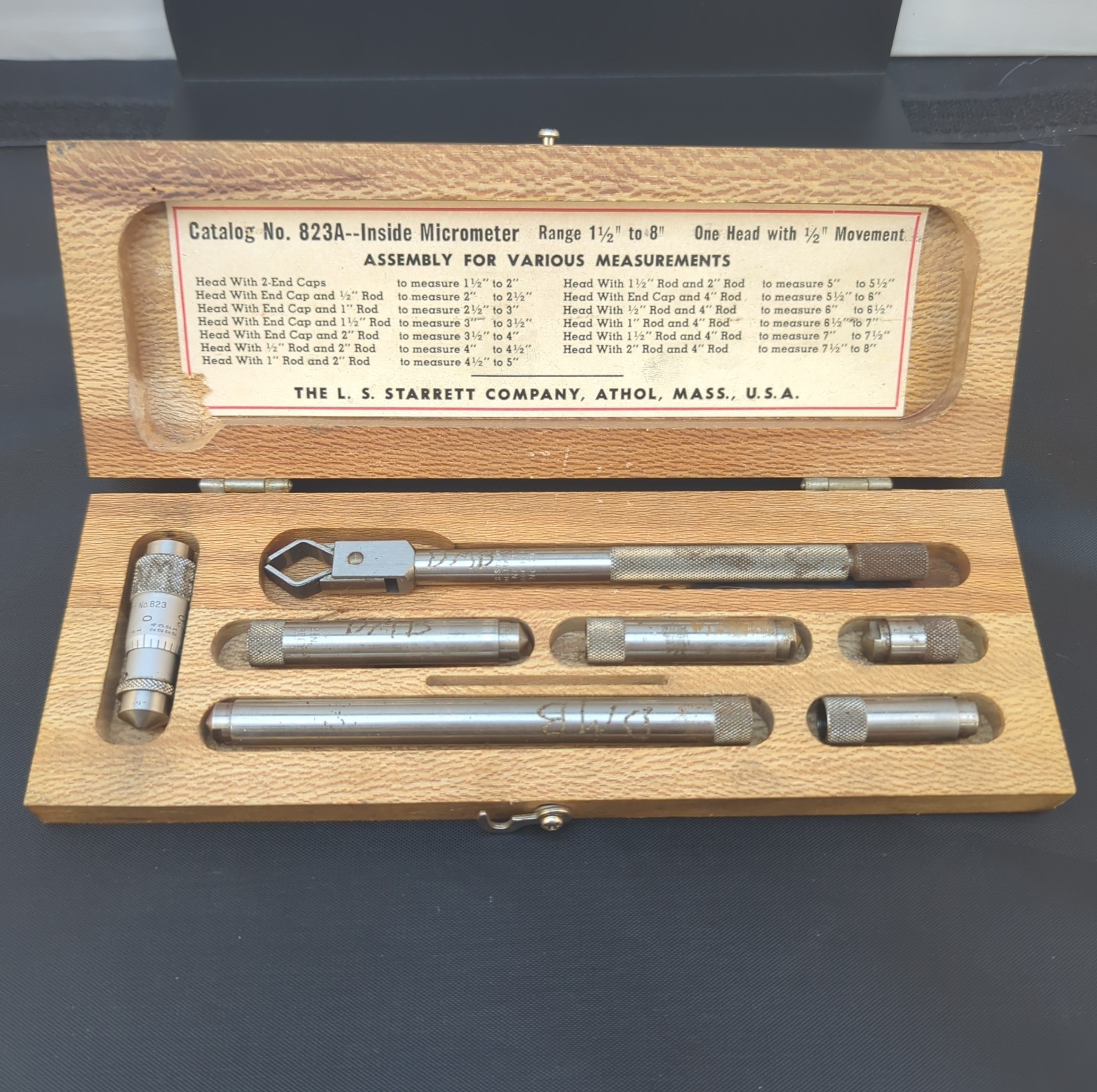 Starrett No. 823-A Tubular Inside Micrometer Set – 1 1/2″ to 8″ – Made in U.S.A.