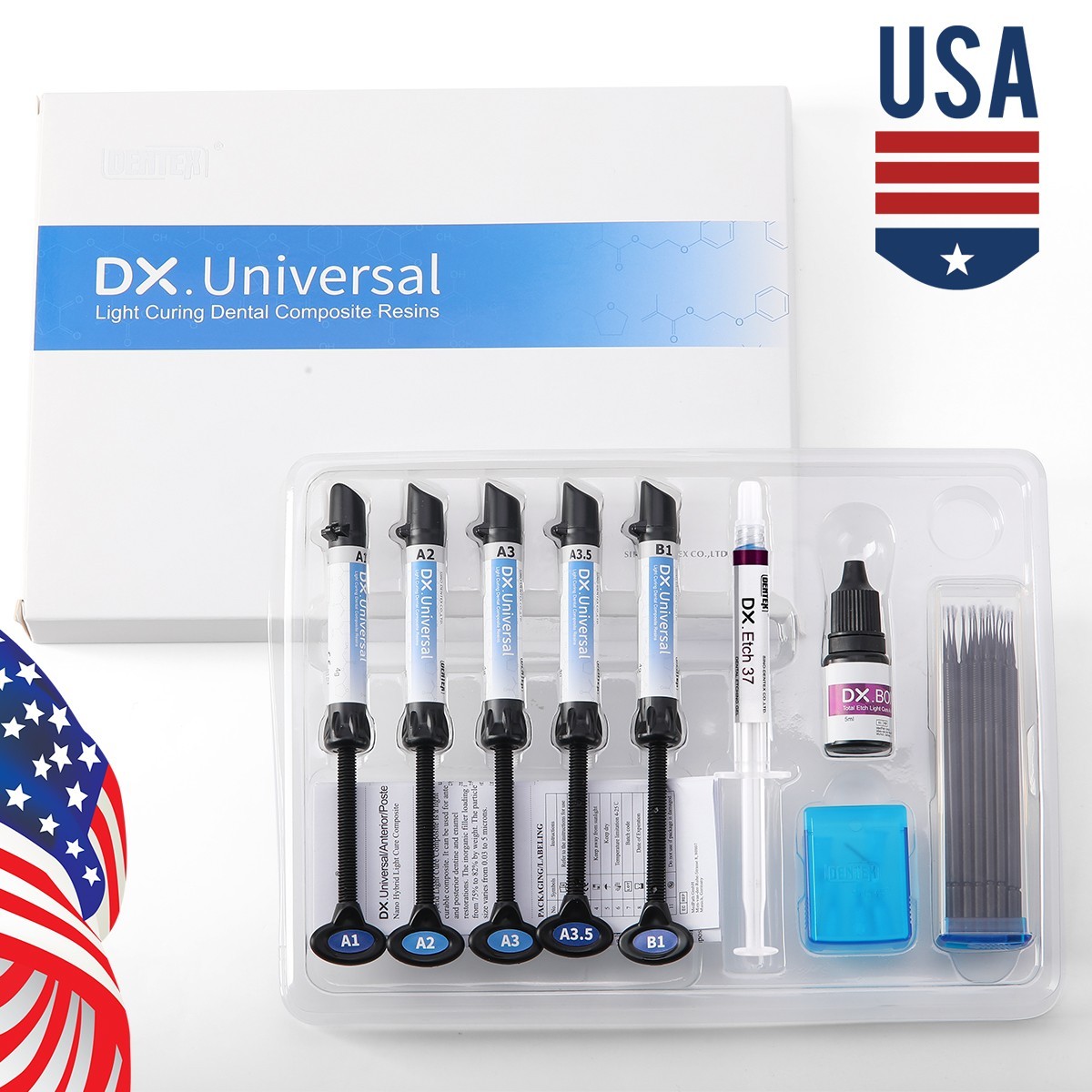 Kit de resina de compuesto de cura dental Dentex Light Shade A1 A2 A3 A3.5 B1