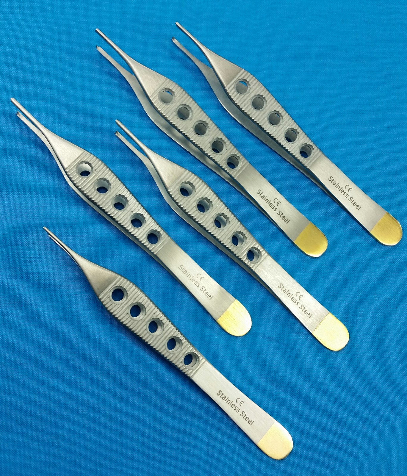 5 PCS ADSON FINE TISSUE PLASTIC SURGERY FORCEP 1X2T W/ FENESTRATED GOLD HANDLE