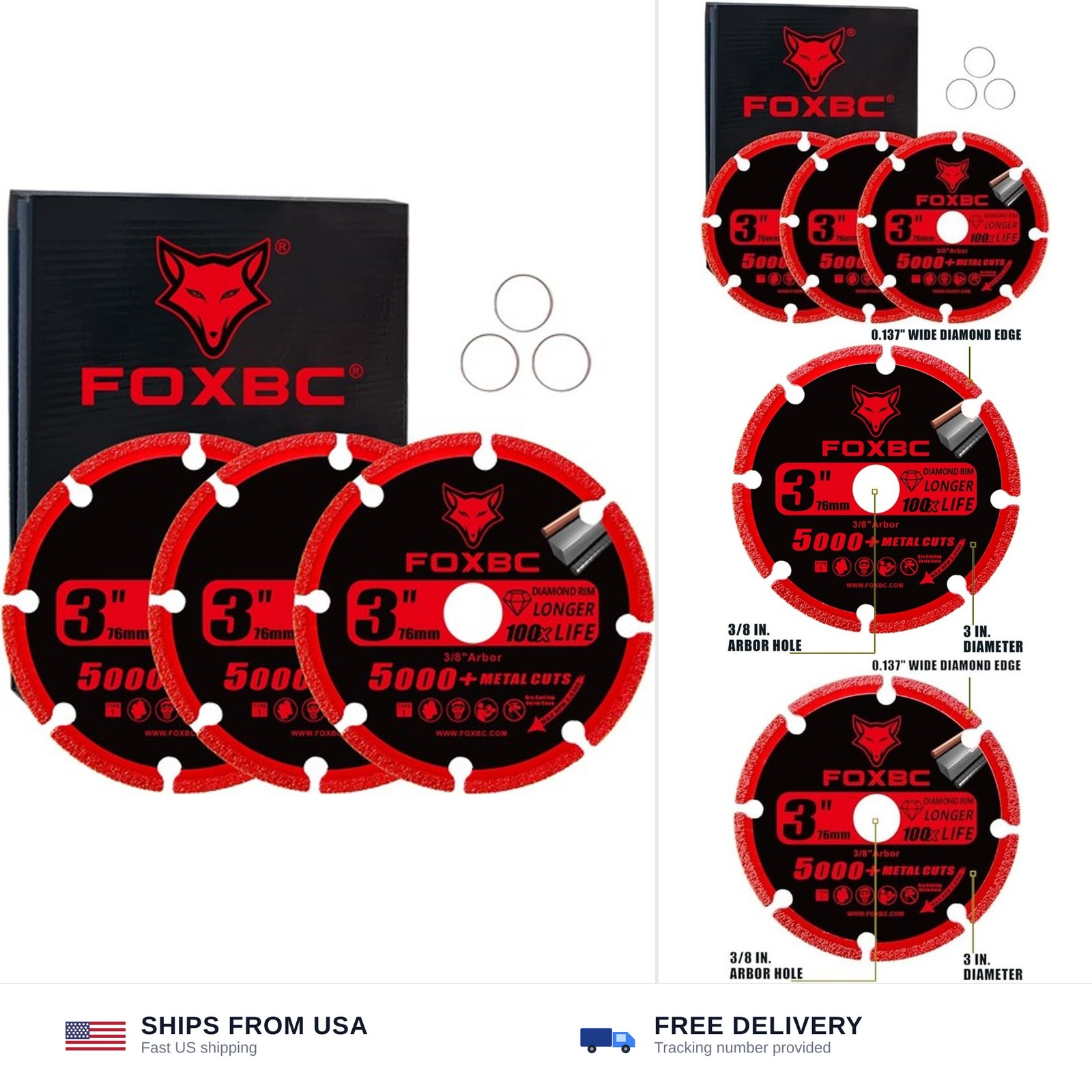 FOXBC 3 Inch Diamond Cut Off Wheel with 5000+ Metal Cutting on Rebar, Stainle…