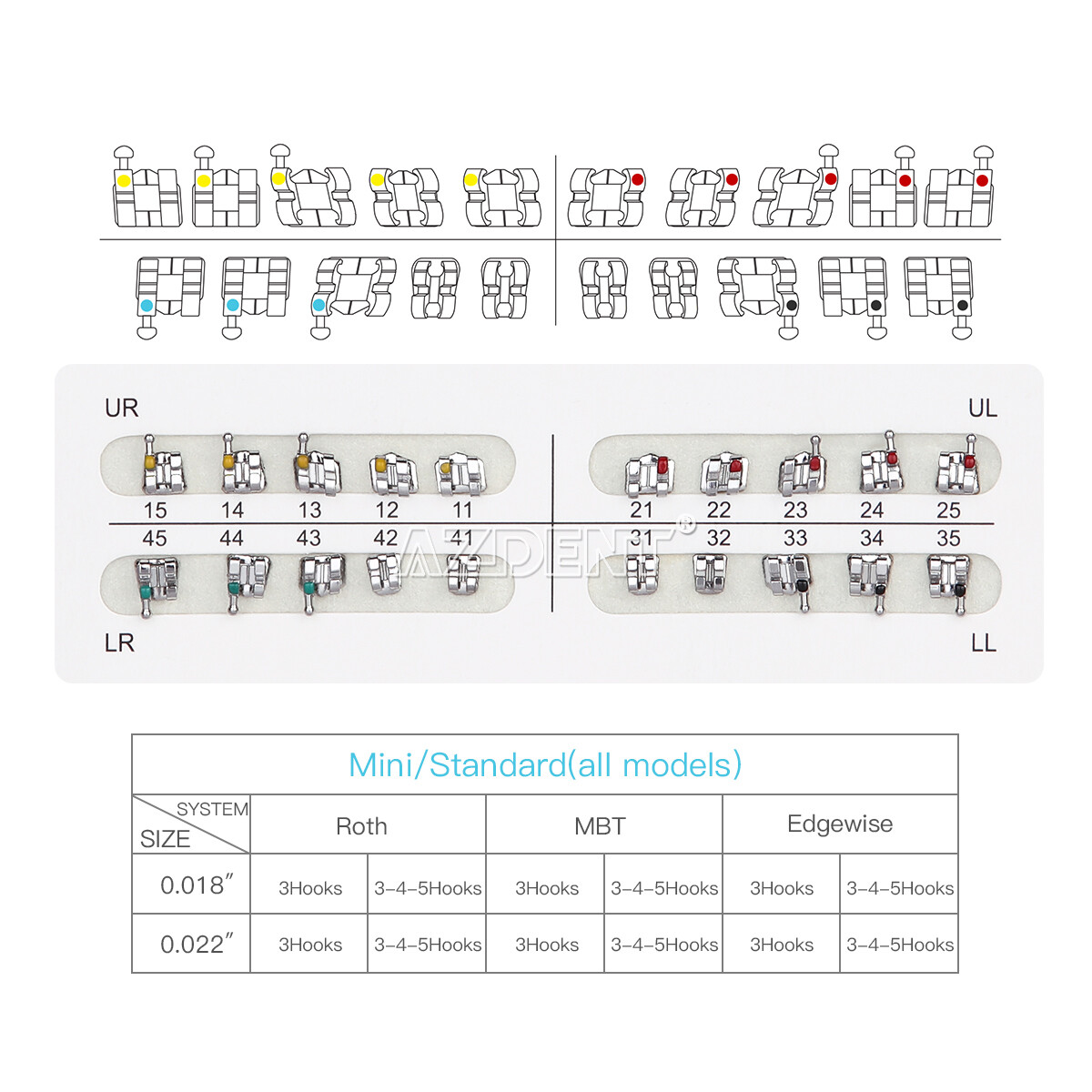 AZDENT Dental Brackets Braces Standard/Mini MBT/Roth Slot.022/.018 Hooks 3 4 5