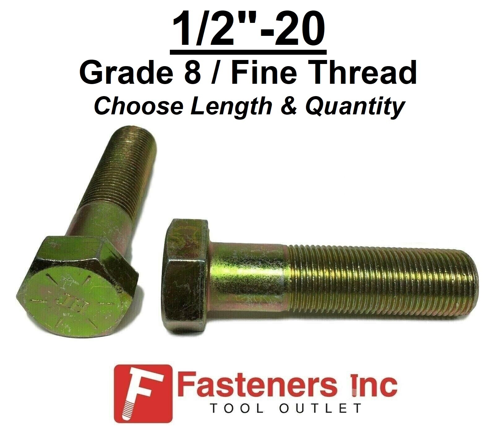 1/2-20 Hex Bolt Yellow Zinc Grade 8 Cap Screw Fine Thread (All Lengths & Qtys)