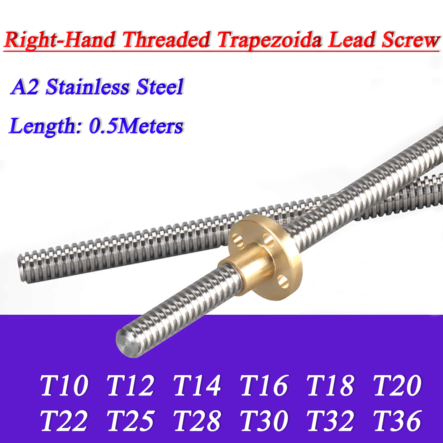 T10-T36 Trapezoidal Right-Hand Threaded Rod Lead Screw A2 Stainless Steel L:0.5M