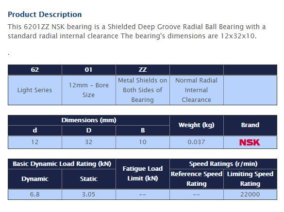 NSK 6201 ZZ Deep Groove Radial Ball Bearing 12x32x10mm