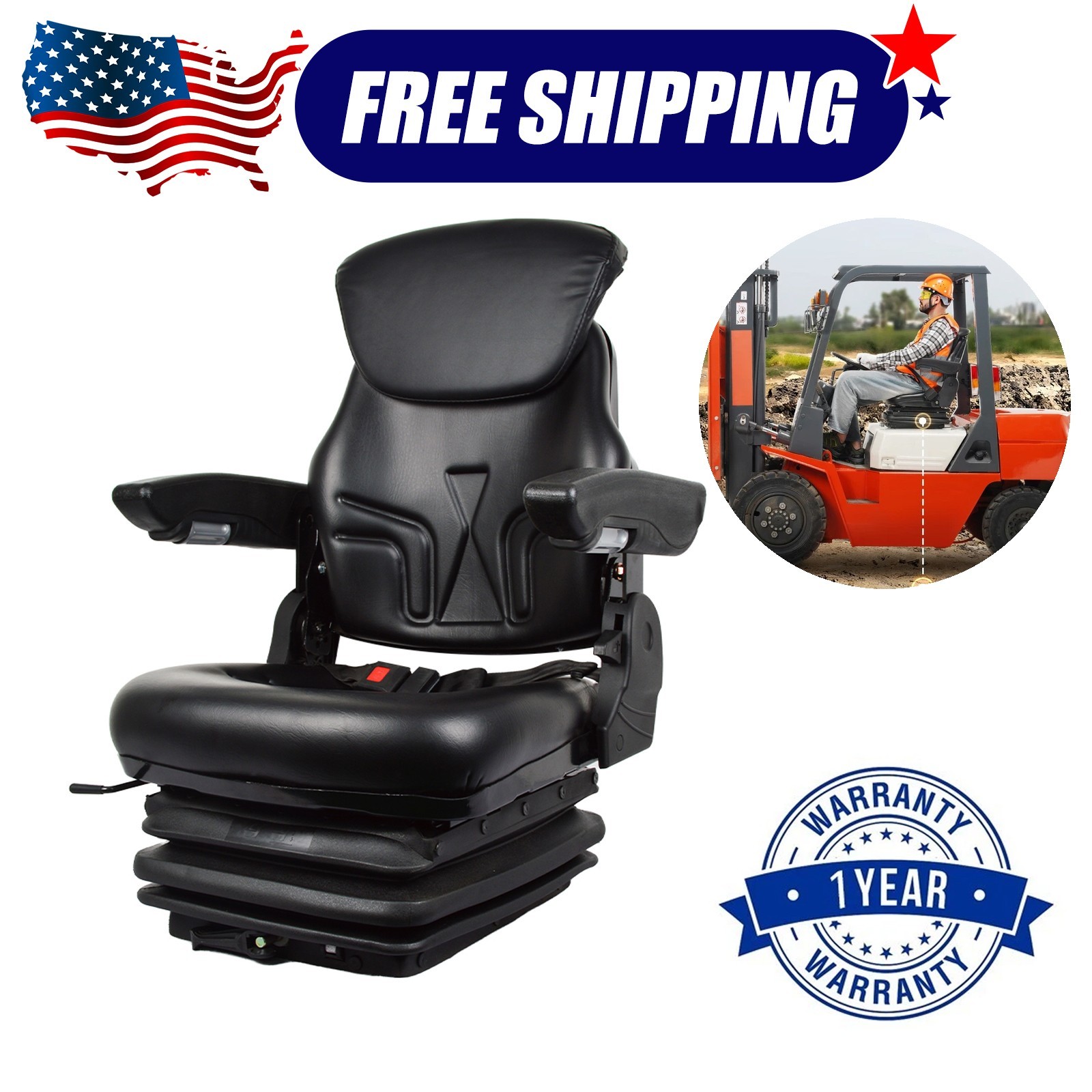 Universal Upgraded Forklift Seat Adjustable Tractor Seat with Seatbelt &Armrests