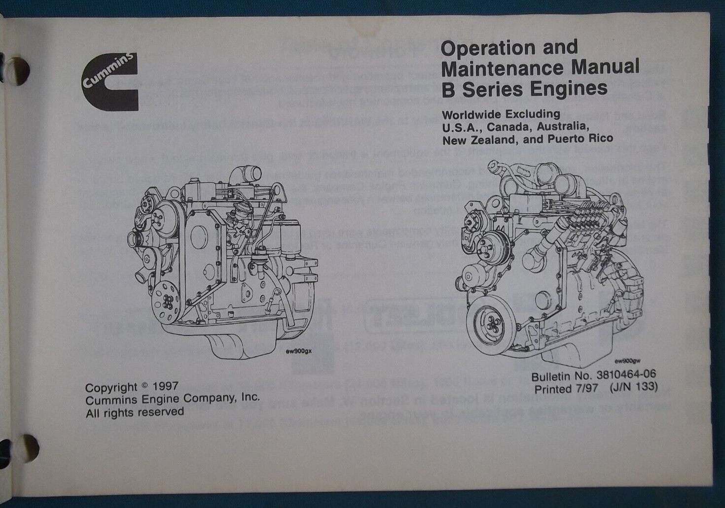 CUMMINS B SERIES ENGINES B-3.9-L B-5.9-L OPERATION & MAINTENANCE MANUAL 3810464