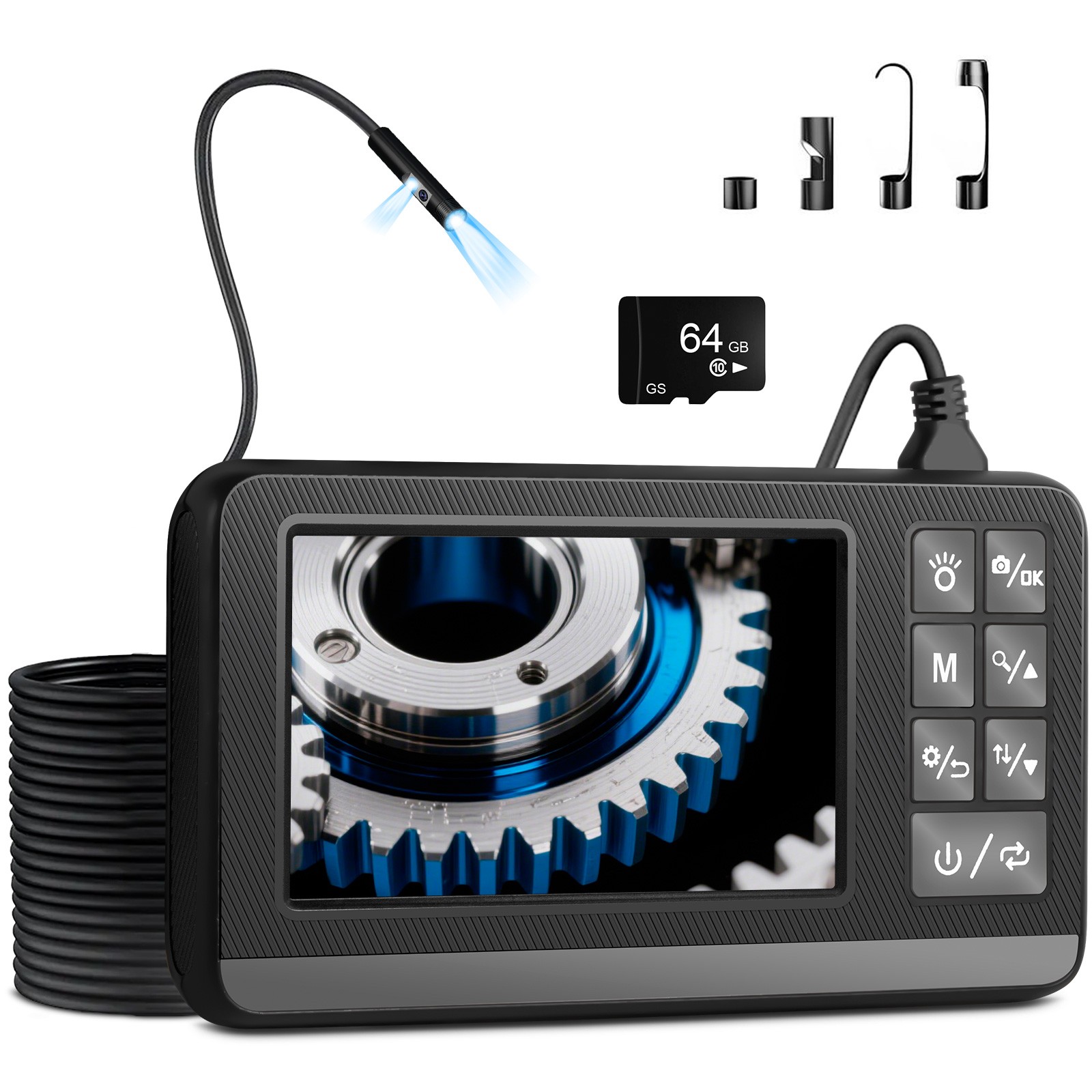Industrial Dual Lens Endoscope 5M IP67 Waterproof Screen 64GB Storage Card