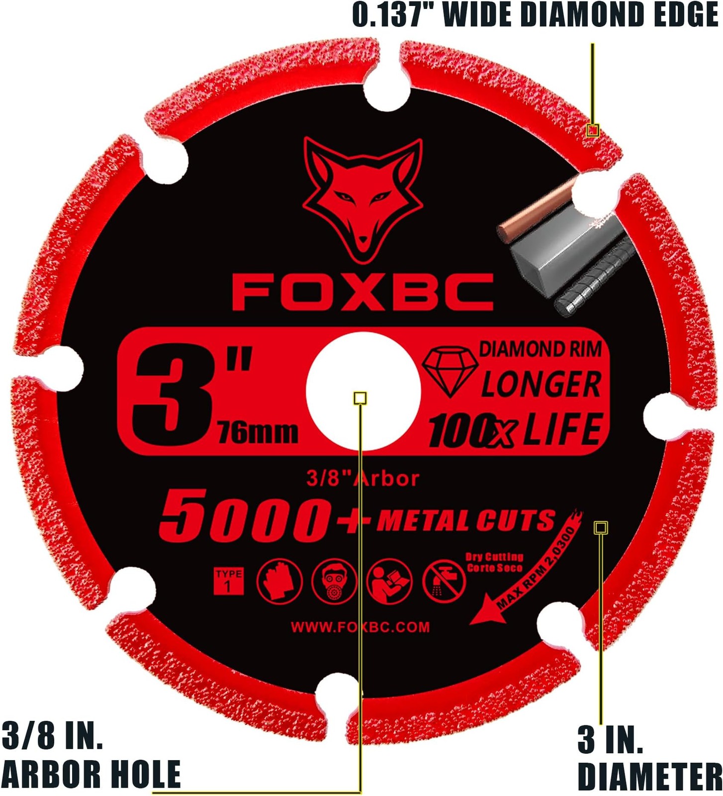 FOXBC 3 Inch Diamond Cut Off Wheel with 5000+ Metal Cutting on Rebar, Stainle…