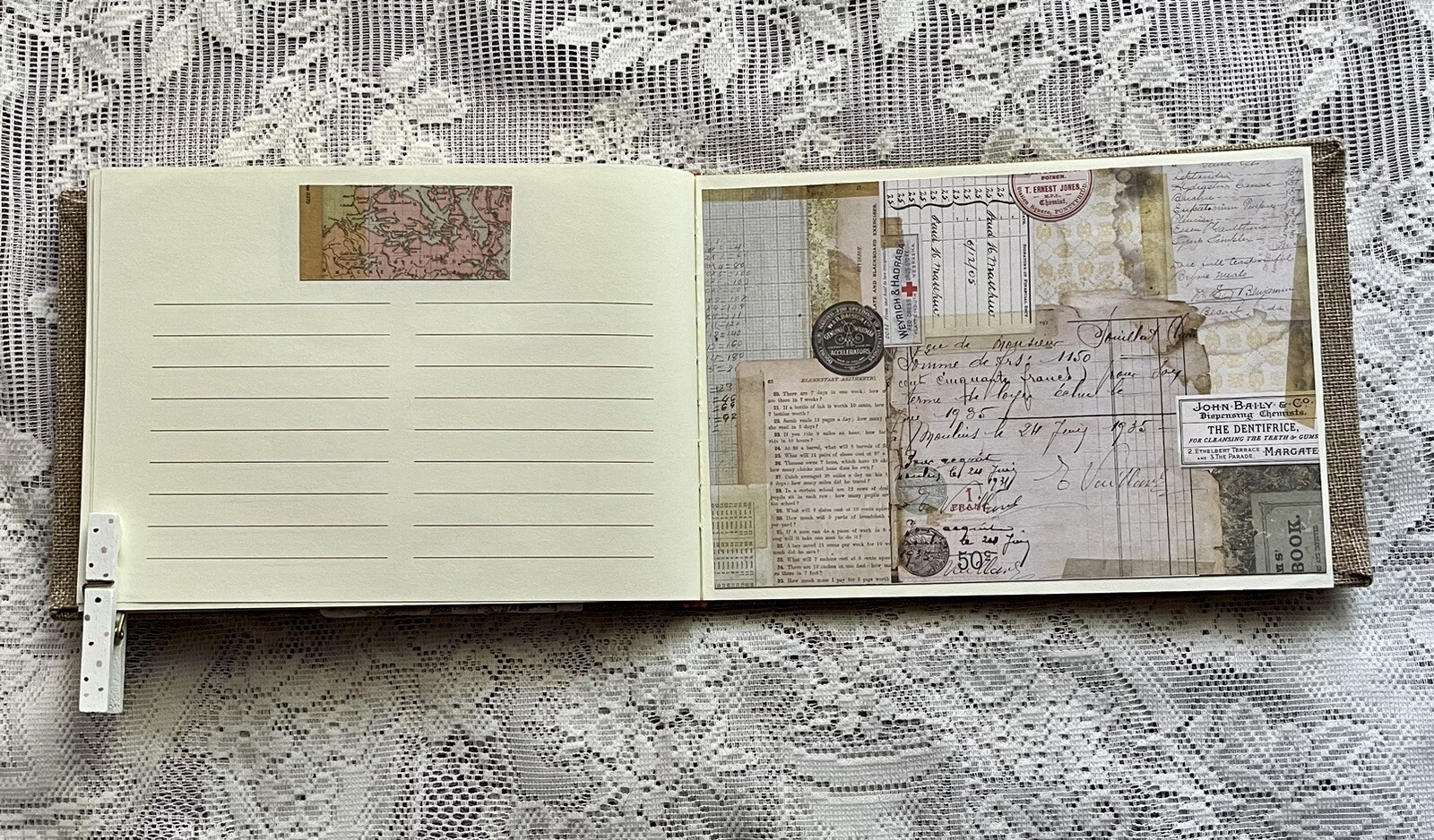 junk journal hand made canvas lace raffia bow 6 1/2 x 9 1/4 in. approx 80 pgs.
